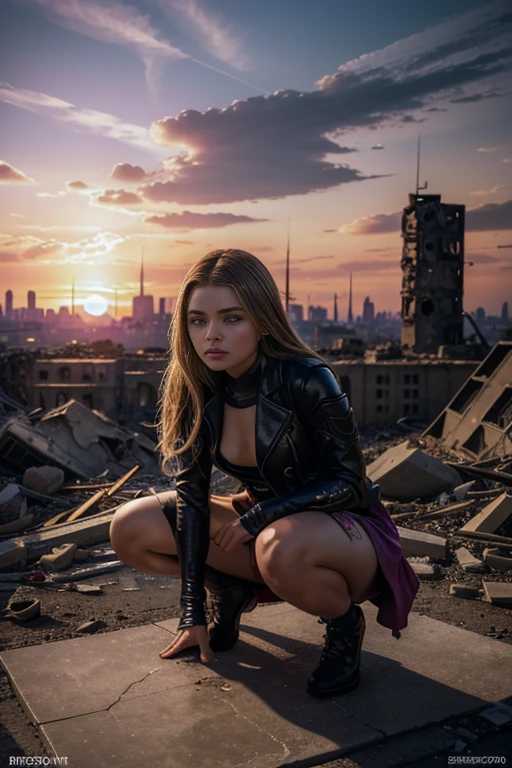 chloe grace moretz、squatting down、torn suit、I'm wearing a skirt、masterpiece, 1 girl, マーベルのサイロックとしてbeautiful女性, X-Men Psylocke Cosplay、purple suit、Fine and delicate features, futuristic new york background, Science fiction, blonde, super heroine, heroic, perfect balance, photograph, 超realistic, masterpiece, 8k, large format camera, 110mm lens, dynamic lighting, rim lighting、official art, extremely detailed CG 8K wallpaper, perfect lighting, De color, bright_amount_method_light, piel bright, (masterpiece:1.0), (Better_quality:1.0), ultra high resolution, 4k , Super detailed, director of photography, 8K, HDR, Altas Resolightones, (confused:1.2), kodak portrait 400, film grain, blurred background, (Bokeh:1.2), Lens flare, (lively_color:1.2), プロのphotograph撮影, (beautiful_method:1.5),More detailed 8K.unreal engine:1.4,Hmm,La Better calidad:1.4, realistic:1.4, skin temperature:1.4, masterpiece:1.8,masterpiece, Better calidad,object object], (detailed facial features:1.3),(Anti-sedentary apocalyptic destroyed city:1.4), (Apocalyptic Sunset:1.4)