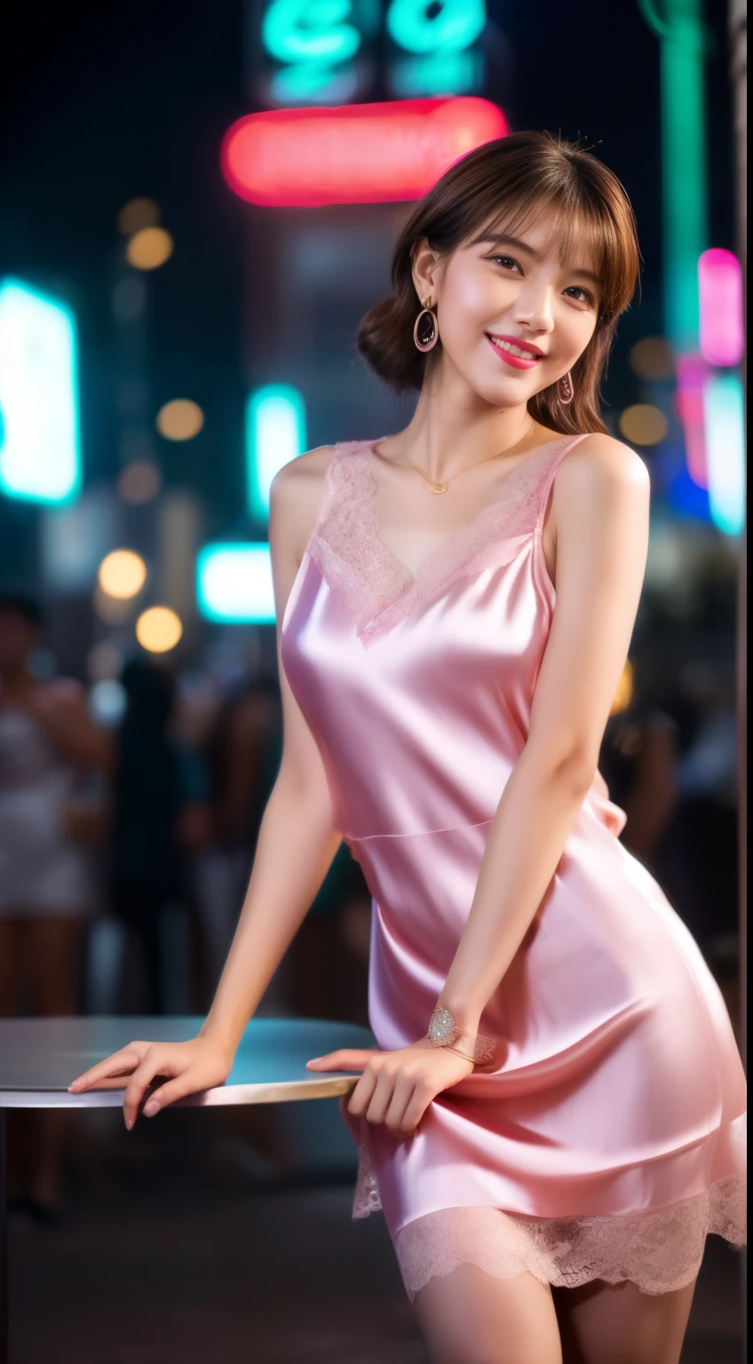 8K, table top, immature, highest quality, realistic, Highly detailed CG Unity 8K wallpaper, Depth of written boundary, cinematic light, Lens flare, ray tracing, (very beautiful face, beautiful lips, beautiful eyes), face with intricate details, ((highly detailed skin)) 1 girl, in the dark, deep shadow, cute korean girl, K-POPアイドル, 1 girl, (very slim and slender fit muscular body:1.3), ((looking at the viewer)),(big smile:1.3), (fashion city night, dark night, (neon sign), (blurred background), fashion street night),(no people in the background:1.3), beautiful earrings, bracelet, necklace, pantyhose, clear eyes, walk, (pale skin), (big eye ace forward, (brown hair body shot), ((silk hot pink color dress:1.3)), ((tight fit dress)), ((lace dress)), (looking at the viewer:1.3) open chest, very slim, big breasts,cleavage, buckshot, front of eyebrows,(tight dress), mini skirt