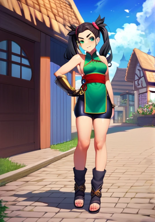 1girl, solo,  black hair, green eyes, long hair, twintails. forehead, thick eyebrows, small breasts, hand on own hip, boob window, green top, chinese clothes, red obi, sideboob, bike shorts, skindentation,  toeless footwear, big yellow mechanical gauntlets, tsundere, outdoors, medieval town, close-up score_9, score_8_up, score_7_up, score_6_up, score_5_up, score_4_up, BREAK source_anime, masterpiece