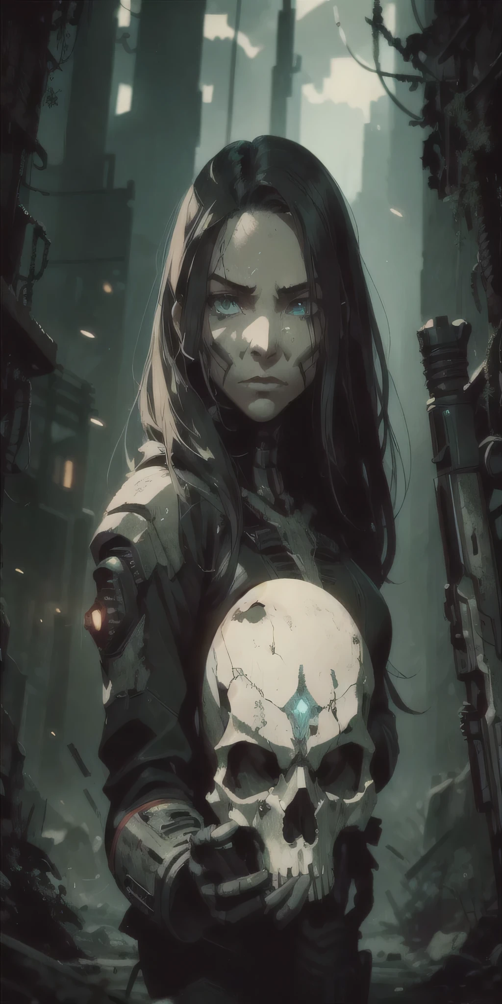 A post-apocalyptic warrior with a skull mask and skeleton body, equipped with a high-tech mech suit, stands tall amidst a desolate landscape. The warrior is a master of cybertech, seamlessly blending human and machine into a formidable force. The sleek and futuristic mech suit is adorned with advanced weapons and protective armor. The color tone of the scene is dark and gritty, reflecting the harshness of the post-apocalyptic setting. The lighting casts dramatic shadows and highlights, intensifying the sense of danger and survival. The artwork is of the best quality, presented in ultra-detailed rendering and realistic textures. This masterpiece showcases a fusion of sci-fi and dark fantasy, encapsulating the essence of a dystopian future.