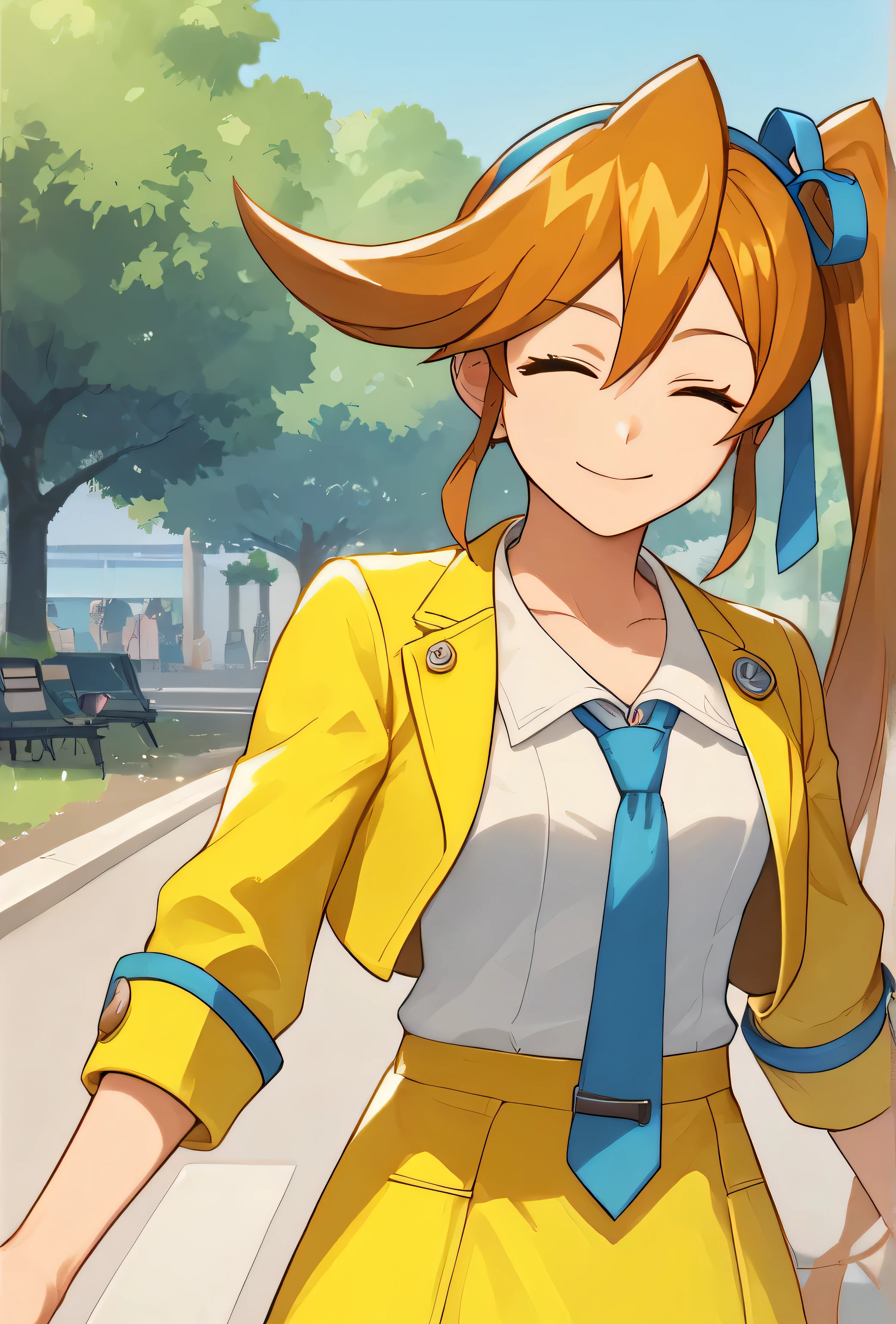 score_9, score_8, score_7, source_anime,
anime, official art,
rating_general,
aacykes, hair ribbon, side ponytail,
necktie, yellow jacket, yellow skirt,
1girl, head tilt, solo, palms together, closed eyes, light smile, blissful, park