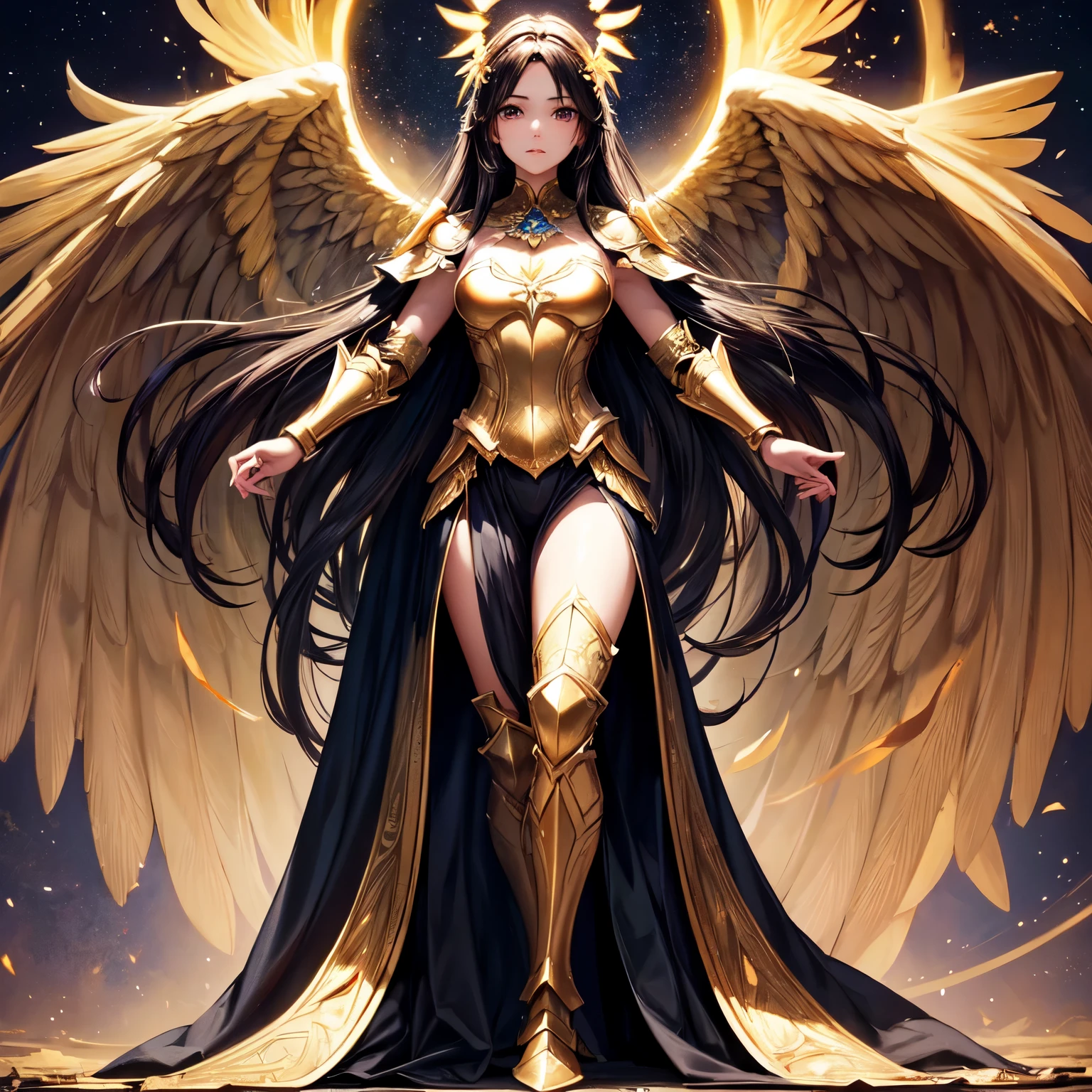 best quality, extremely beautiful, beautiful face, angel woman, two huges golden wing, revealing armor with open front skirt, very long dark hair
