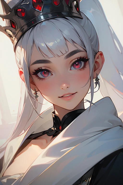 (highest quality, masterpiece:1.2), High resolution, Super detailed, realistic:1.37, fantasy, An illustration,gray hair、 White eyes, Queen, white dress.platinum decoration、beautifully、Eyeshadow Red、dark eyebrows、long eyelashes、pupils are black、shiny on the lips、upper site、Queen、Princess、ponytail、gentle smile、Show your teeth a little and smile、soft expression、