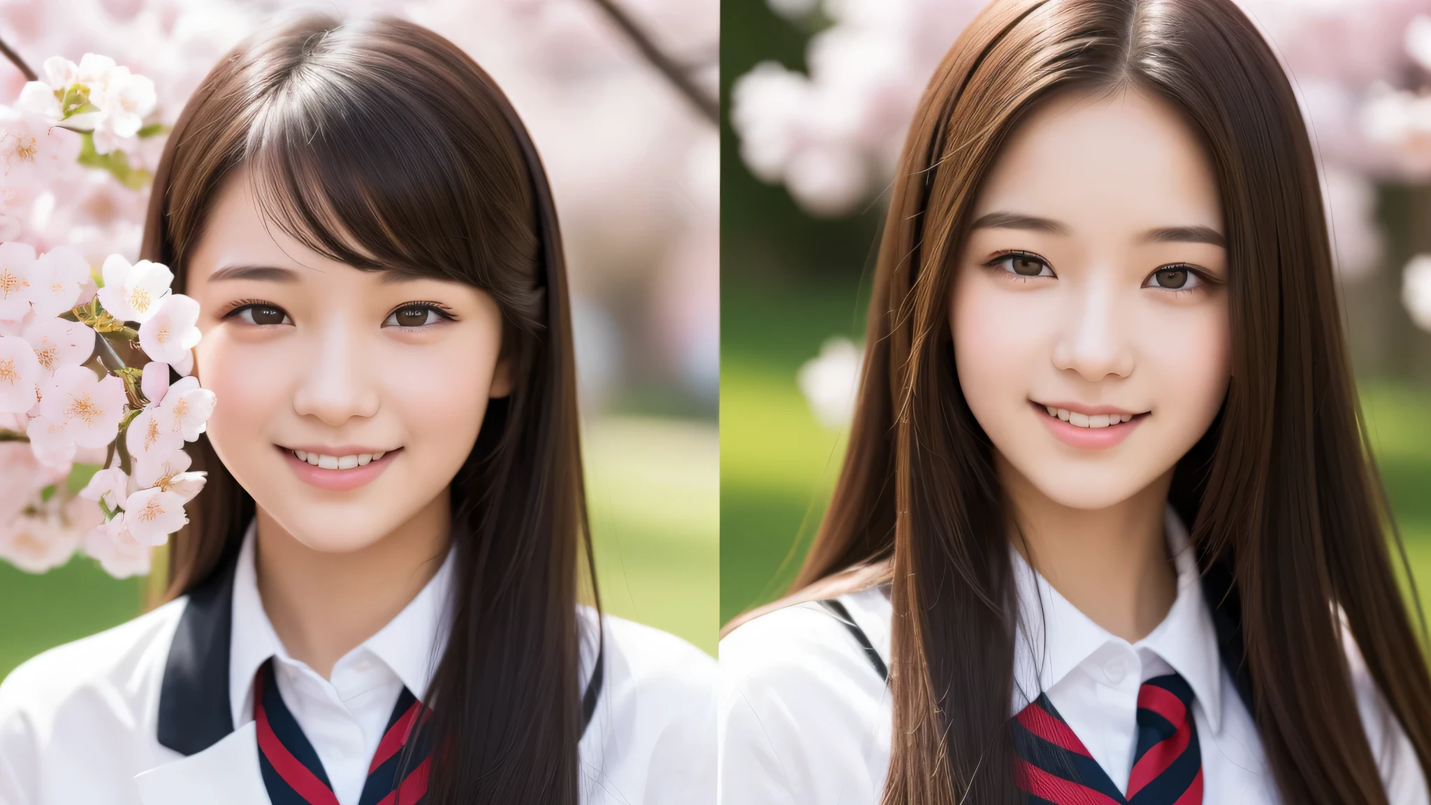 (1girl), , enchanting smile, (highly detailed eyes, highly detailed face), Fresh, very clean appearance, (hyper-realistic, hight resolution), (best Quality:1.4), Professional Photography, (high school uniform:1.2), cherry blossoms, focus on the face,