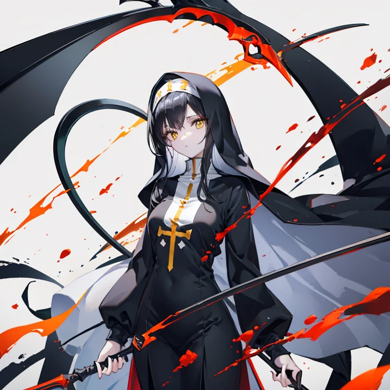 Black hair anime girl with yellow eyes, long nun outfit, pale skin, holding a scythe