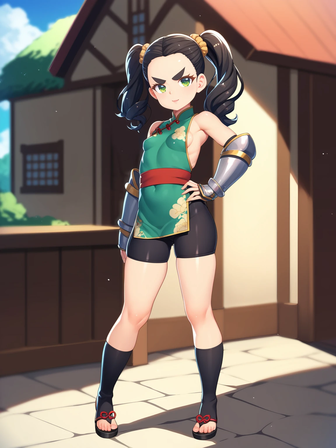 1girl, solo,  black hair, green eyes, long hair, twintails. forehead, thick eyebrows, small breasts, hand on own hip, boob window, green top, chinese clothes, red obi, sideboob, bike shorts, skindentation,  toeless footwear, big yellow mechanical gauntlets, tsundere, outdoors, medieval town, close-up score_9, score_8_up, score_7_up, score_6_up, score_5_up, score_4_up, BREAK source_anime, masterpiece