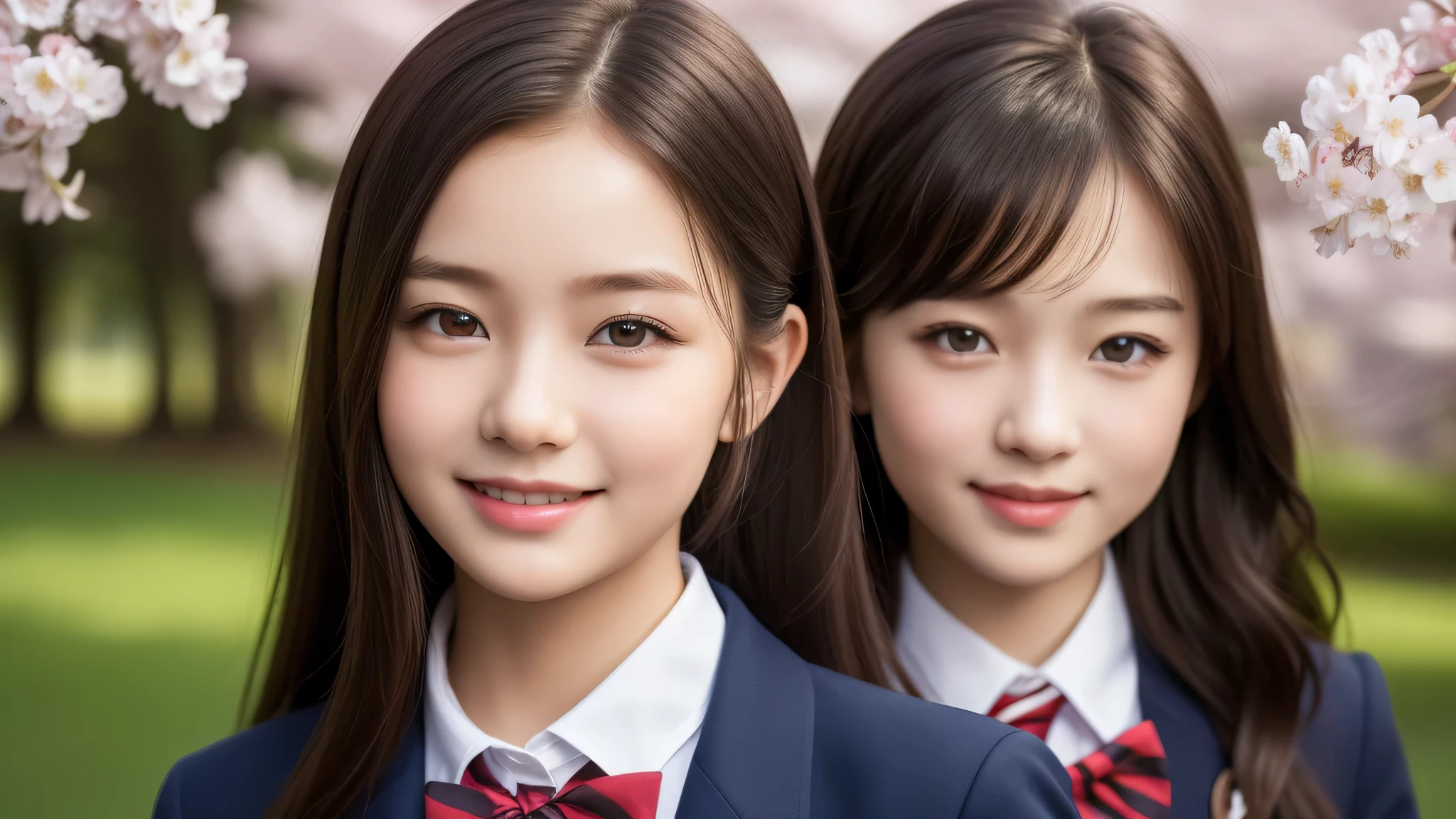 (1little girl:1.2), enchanting smile, (highly detailed eyes, highly detailed face), Fresh, very clean appearance, (hyper-realistic, hight resolution), (best Quality:1.4), Professional Photography, (high school uniform:1.2), cherry blossoms, focus on the face, 