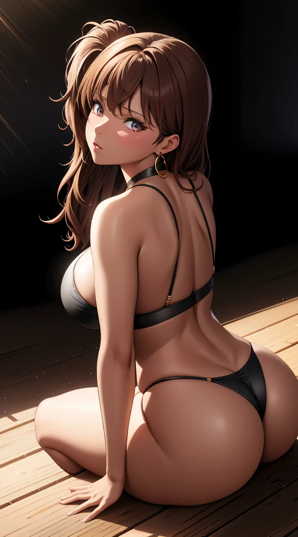 (best quality:1.5, highres, UHD, 4K, detailed lighting, shaders), brown floral haired, gradient hair, big breasts, brown bra, big thighs, big butt, brown string, mature woman , (pov), black background, colorful eyeshadow, dramatic lighting, sparkling eyes, sensual expression, golden earrings, flowing hair, delicate facial features, dark skin, high cheekbones, urban setting, full body, black background, dont look for the camera, lean forward, behind the camera