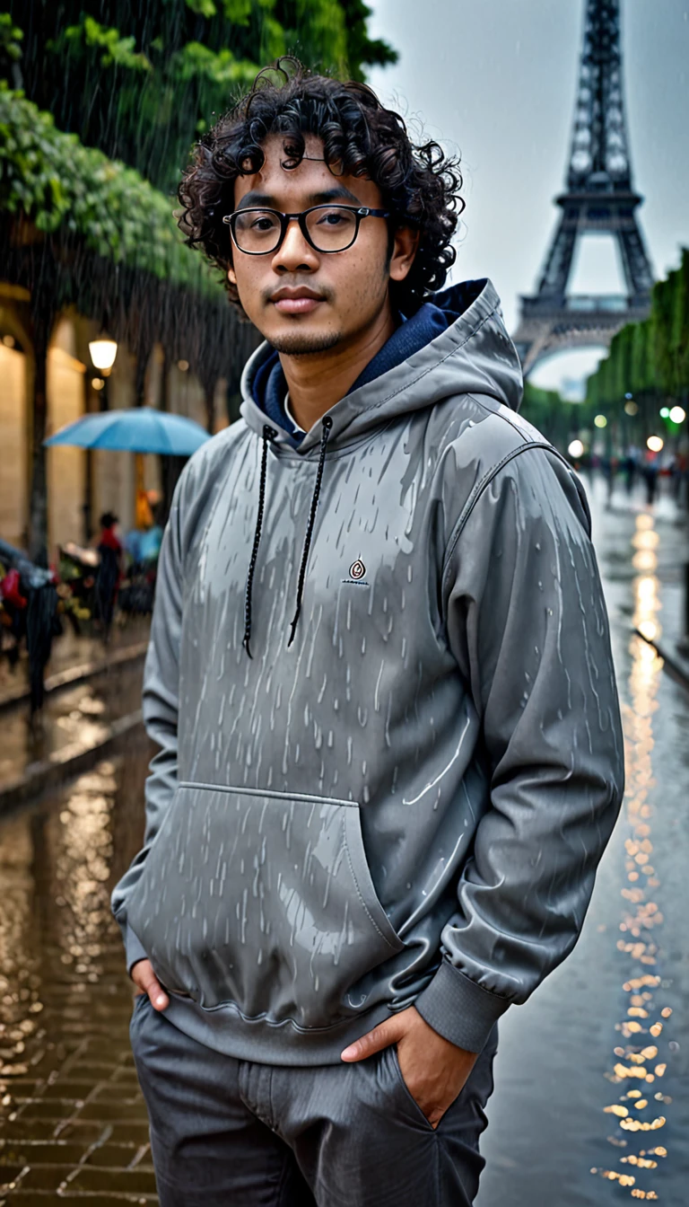 “The image depicts a 30-year-old Indonesian man with curly hair, wearing formal glasses and a casual gray hoodie. He stands facing away from the camera in a drizzling rain, calmly glancing at the camera. With a serene expression, he slips both hands into the pockets of his pants, just below the Eiffel Tower. The background features the Eiffel Tower at night, enveloped in a gentle haze of thin smoke and soft blue light. For high-quality results, use the portrait mode of a Hasselblad camera.”