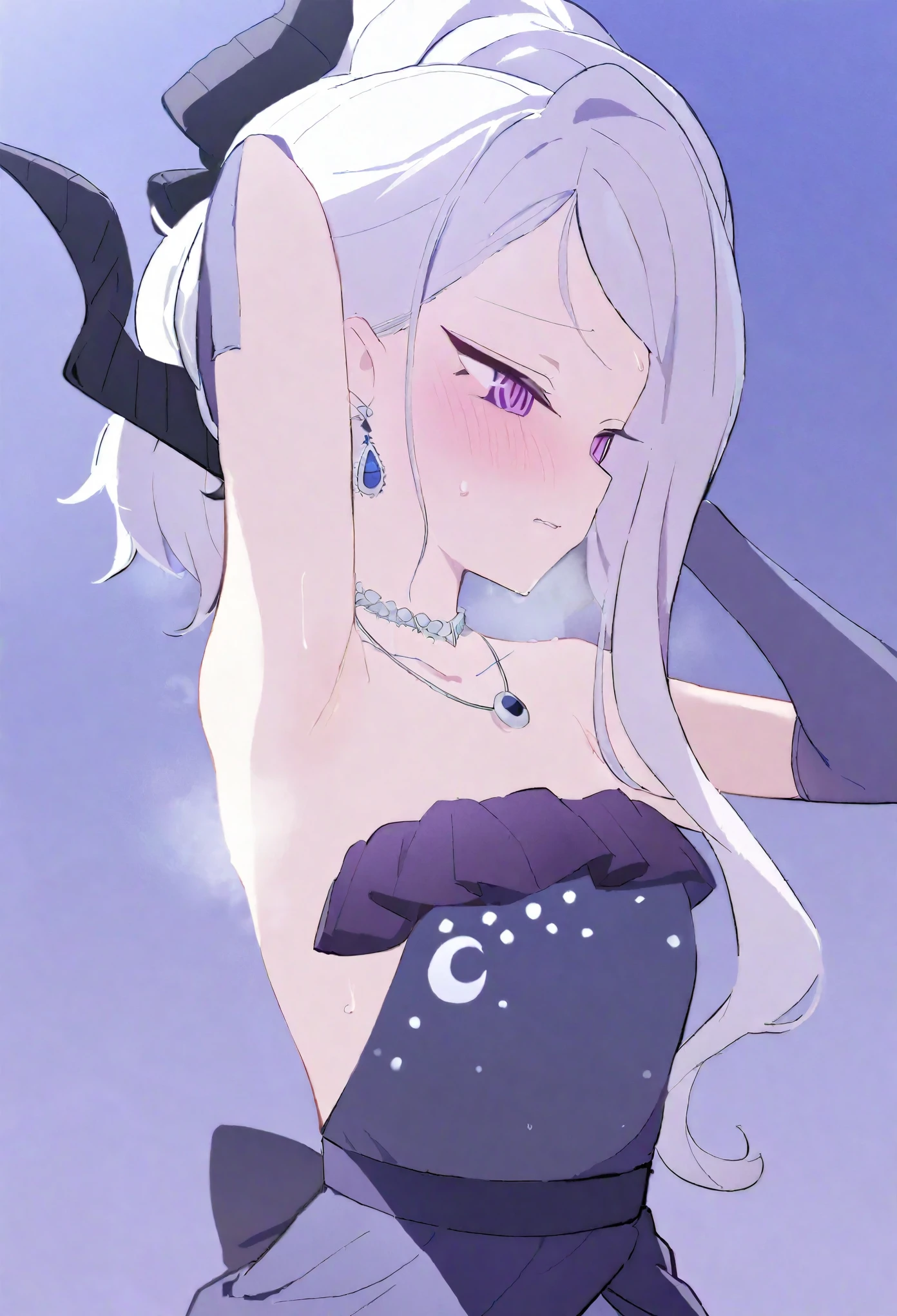 hina,1girl,solo,ponytail,elbow gloves,purple dress,black gloves,black dress,strapless dress,earrings,necklace,alternate costume,shoulder,upper body, sweating,steam,blush, flipped hair,armpit