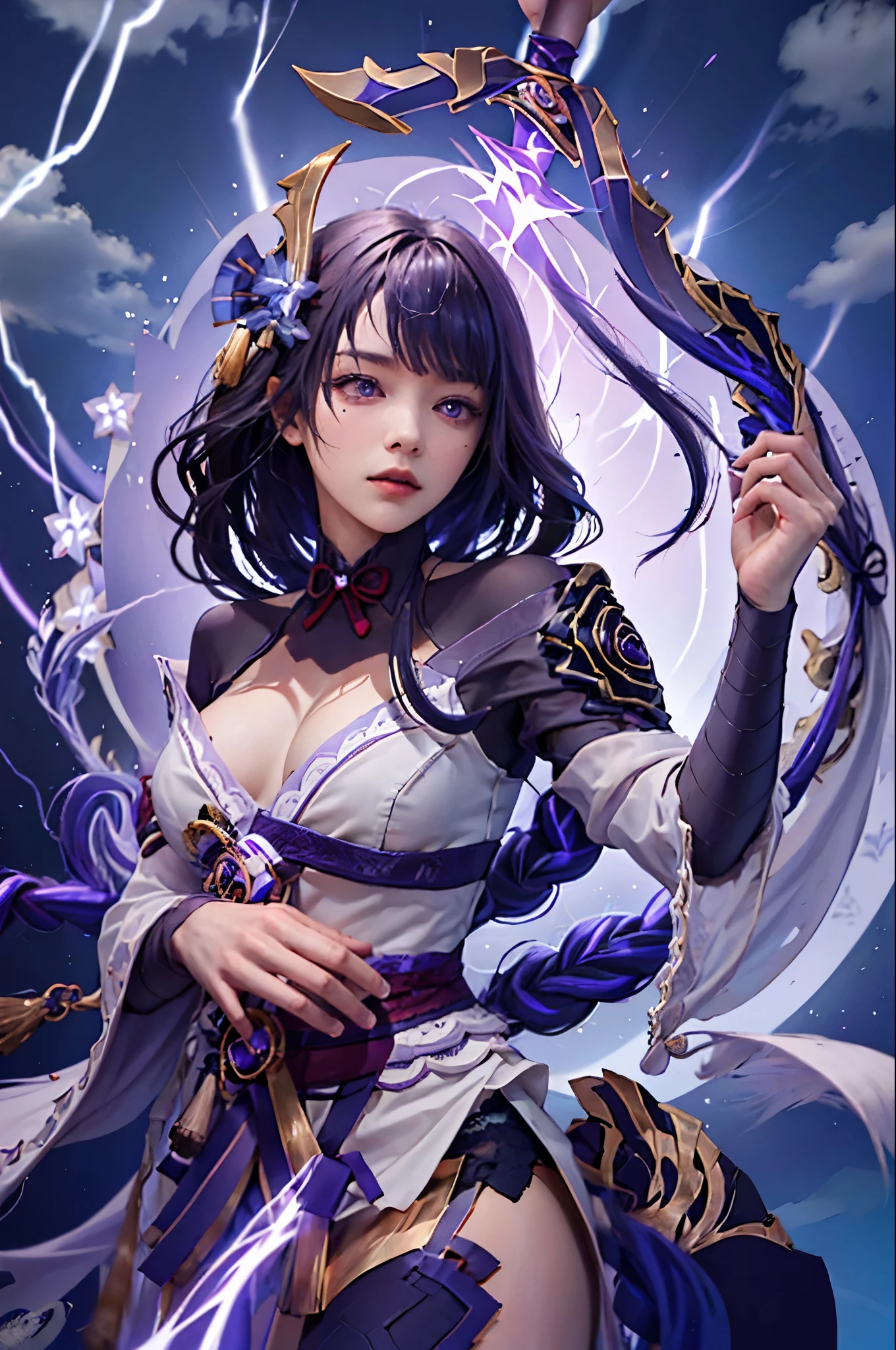 1 girl, Lightning VFX, purple lightning, purple background, a lot of lightning, sword, 