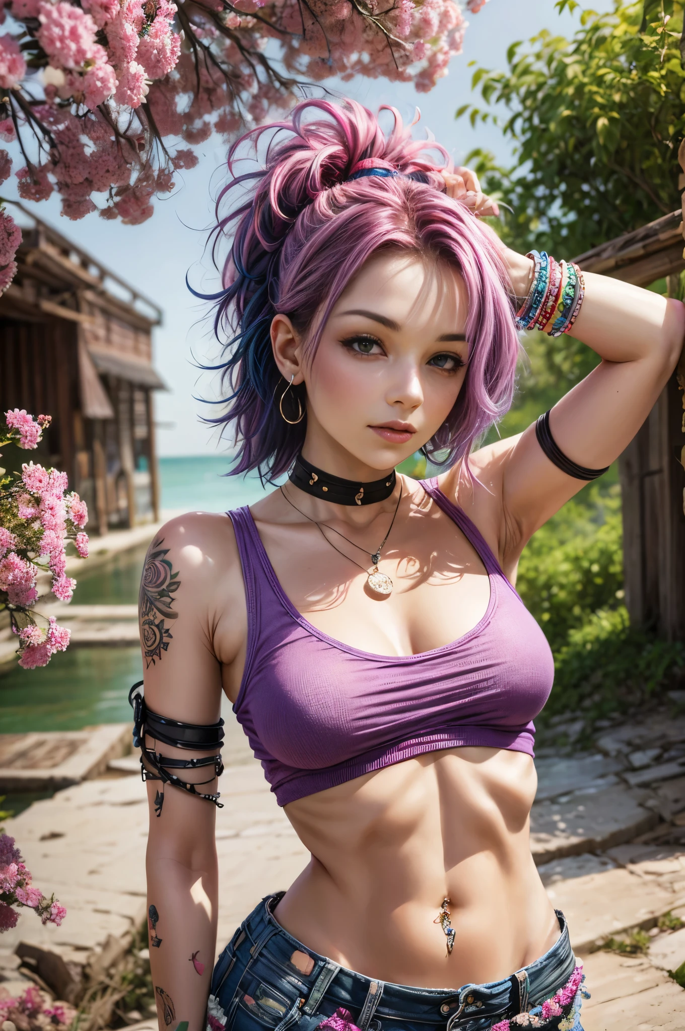 Best quality, photorealistic, 8k, masterpiece, A woman with a tattoo on her arm, tattoo sleeve on her right arm and neck, tattoos and piercings, beautiful female punk,pink and purple hair, choker, heavy bracelets, pastel clothes, florida, miniskirt, pink tank top, bright sunny day, feral grin, heavily saturated photo, in the bayou, everglades, dirty and grimy