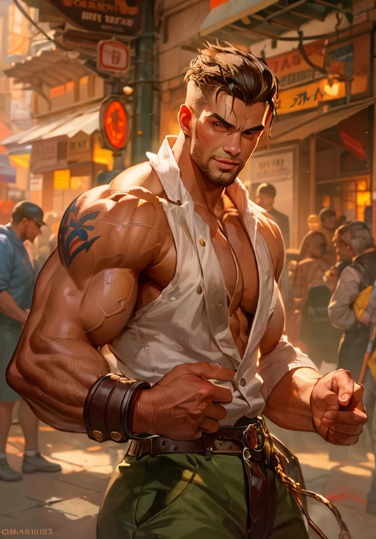 portrait of (Sukusman) good mood, Street Fighter, attractive man, Character Design, dynamic lighting, Cool and light shades, Gaston Bussière paintings, Craig Mullins, J. c. Leyendecker, tom from finland