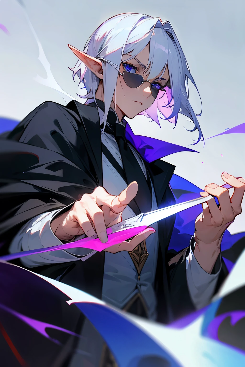 1 half-elf guy, medium platinum hair, blue eyes, wearing aristocratic white shirt and long black tie, aristocratic long black cape, dark black round sunglasses, black ring on right forefinger, short ears, fantasy, dnd, medieval, magic, sorcerer, purple, high res, ultrasharp, 8K, masterpiece, looking right