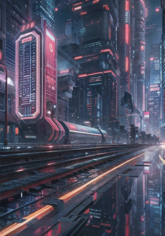 ((masterpiece)),((highest quality)),((high detail)),((realistic,)) future city, architecture street, futuristic railway line, cyber punk, building, night, european cities, Rainy, neon