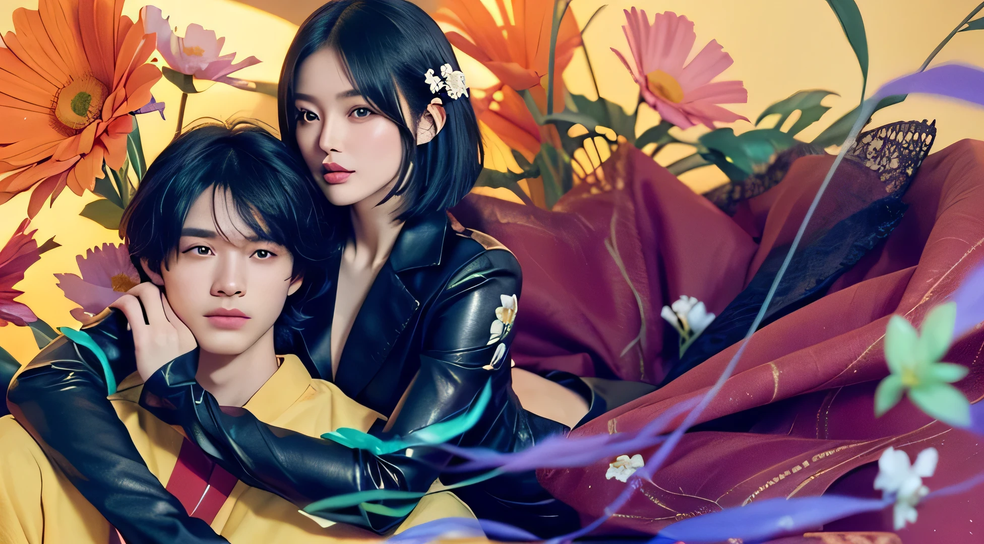 (Best quality, 8k, 32k, Masterpiece, UHD:1.2) "Generate a captivating artwork featuring a young Japanese girl model with short, sleek black hair styled in a chic bob haircut. Envision her bathed in dramatic cinematic lighting, creating an atmosphere of allure and mystery. Emphasize a romantic aesthetic vibe, showcasing the model in a poised and elegant pose that evokes a sense of intimacy and sophistication. Utilize warm and soft tones to enhance the romantic ambiance, and consider incorporating elements like flowing fabrics or flowers to add a touch of ethereal beauty. Capture the essence of romance and beauty through the model's expression, the play of light and shadows, and the overall aesthetic, creating a visually compelling and emotionally resonant piece." (perfect eyes), flawless skin, flawless face, cinematic, tight body, ((well-proportion female hands)), ((female hands with five digits)) ((Body is well proportioned)), ((chic bob haircut)), soft focus ((Short Black Hair)), ((flowers))