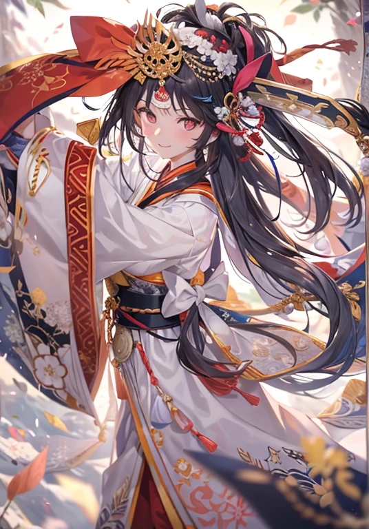 masterpiece, highest quality,1 girl, red bow, bow, long hair, hair bow, Ainu costumes, alone, hair band, bird, black hair, fingerless gloves, short sleeve, gloves, sash, pants, bangs, red hair band, arms, chest, brown eyes, white pants, kimono, confused, light smile, official art, good composition, official pose, detailed portrait, portrait, Bokeh, clouds and mountains background, warrior, onmyoji style, High resolution, dramatic light and shadow, solar flare, blurred foreground
