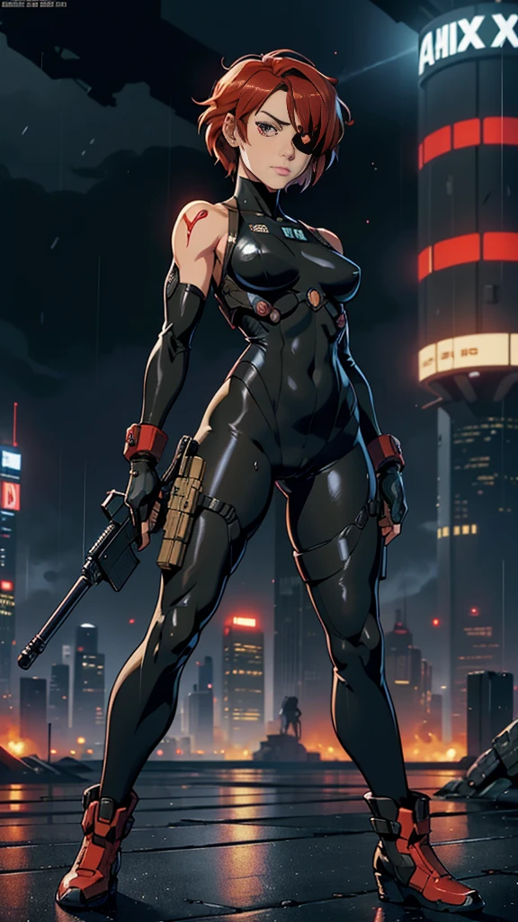 (masterpiece), best quality, expressive eymasterpiece, high-detail, sketch, dino crisis, [solo female], (aim pose, fight with raptor, holding mp5, holding weapons), black bodysuit, gray fabric layer under bodysuit, 30 year, bare shoulders, tactical fingerless glove, best quality, masterpiece, best quality, finely detail, beautiful detailed eyes, ultra detailed, extremely beautiful CG, super detailed skin, best quality, intricate, {{high quality}}, extra colors, 2D, megapixel, perfectionism, accent lighting, full HD, 4K, sukeban, sukeban deka, delinquent,) (1girl, full body, 1girl, solo female, mature female, full body, contrapposto, big boss metal gear, the boss metal gear, Escape from New York, akira, blade runner, die hard, metal gear solid v, snake plissken, rex power colt, Far Cry 3 Blood Dragon,) ( collarbone, red hair, red eyes, short hair, weird red hair, short red hair, evil smile, small_breasts, best quality, beautifully detailed face, ray tracing, DOF,HDR, smoking) (fingerless_gloves,  fully clothed, gloves, cigarette, jacket, eyepatch on one eyes, eyepatch on the left eyes, tactical gear, tactical uniform, camouflage bodysuit, sneaking_suit) gainax anime style, studio gainax art, studio gainax illustration,inspired by Masamune Shirow, studio gainax, by Masamune Shirow, beautiful charcter from evangelion (outdoors, (night:1.1), military base background, radio tower background, science fiction background, futuristque background , outdoor, akira city sky line background, official art, raining, rain, storm, science fiction military base background), perfect face, 