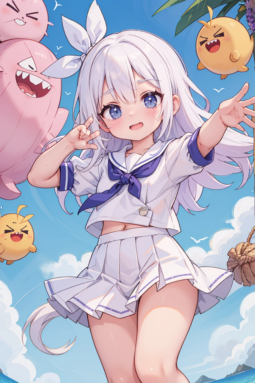 score_9, score_8_superior, score_7_superior, masterpiece, best quality, absurdres, high_fidelity, vibrant, sauce_anime, (rating_explicit:1.1), White haired cat ear girl, Straight, Viewer Perspective, Reaching out, Adorable, pretty embarrassing,, Sailor suit, white panties, nipples, Cat's Tail, underboob, cowboy shot