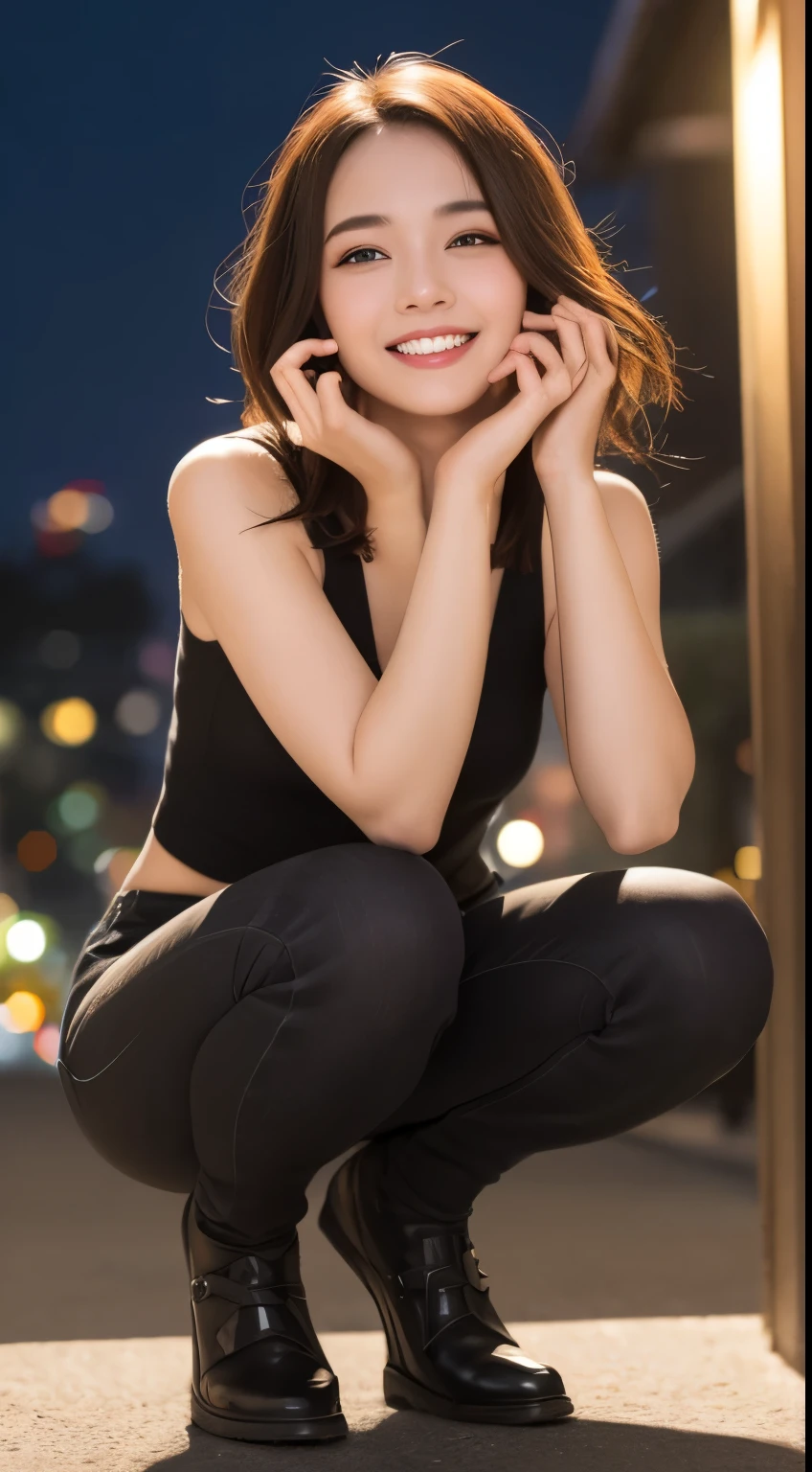 finely, High resolution, high quality、完璧なダイナミックな構figure, detailed and beautiful eyes, medium hair, 、natural color lip,Kamimei、Shibuya Ward、20 year old girl、1 person、transparent skin、shining hair、table top, 最high quality, figure, Super detailed, finely, High resolution, 8K、correct state of the human body、squat、sculpture model pose,hair blowing in the wind、night, neon、Impressive white、smiling。happy smile