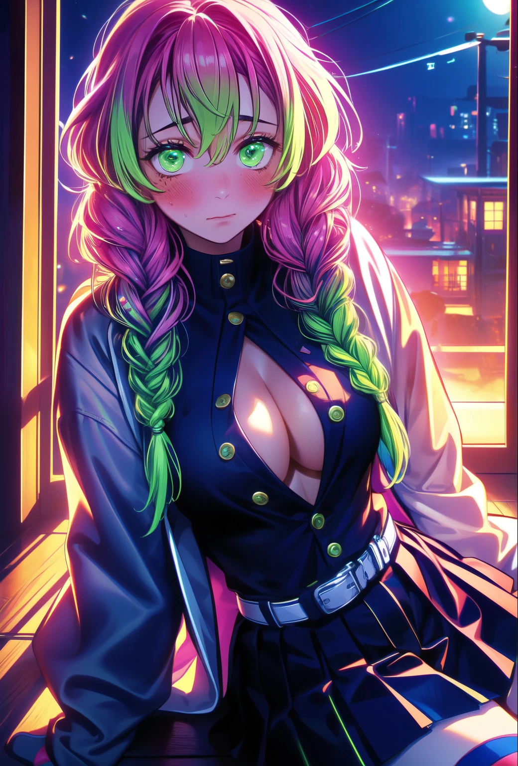 (((masterpiece)), (best quality:1.7), (detailed:1.4), (high res:1.4), 8k, (colorful:1.5), high resolution, sharped image, 4k, hd, (beautiful detailed background:1.2), (beautiful lighting:1.2), (highly detailed:1.2), perfect lighting, (8k wallpaper:1.2), (highly detailed:1.2), (extremely detailed CG:1.2), mitsuri_dms, 1girl, solo, green eyes, mole, mole under eye, green hair, pink hair, ((black_special_pupil)), eyelashes, thick eyelashes, braids, twin braids, hair between eyes, long hair, large breasts, skirt, black skirt, pleated skirt, belt, white belt, long sleeves, jacket, white jacket, thighhighs, green thighhighs, open clothes, zettai ryouiki, haori, demon slayer uniform, japanese clothes, cleavage, sitting, old town,night time, moon,((blush)), (embarrased), 