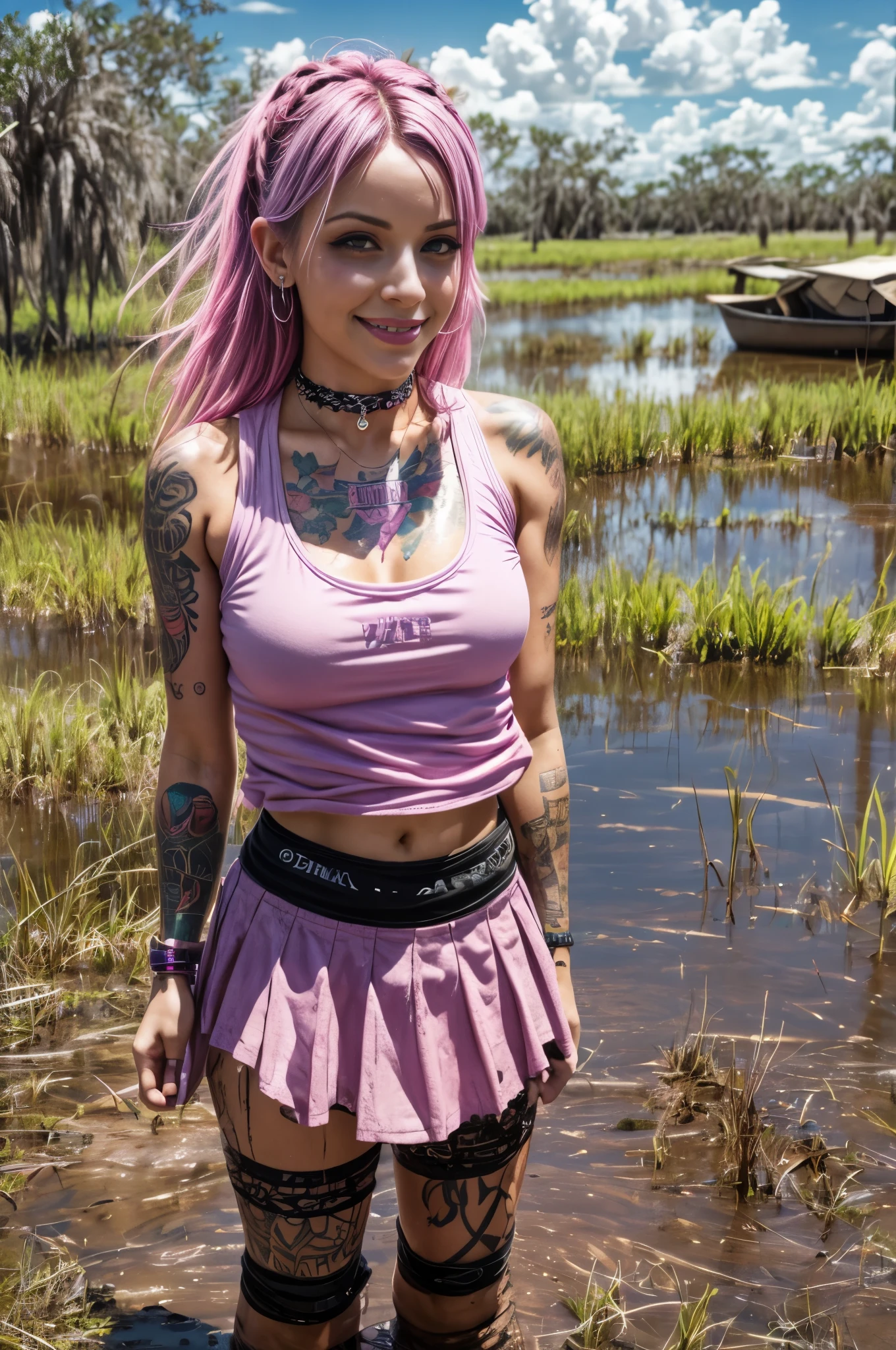 Best quality, photorealistic, 8k, masterpiece, A woman with a tattoo on her arm, tattoo sleeve on her right arm and neck, tattoos and piercings, beautiful female punk,pink and purple hair, choker, heavy bracelets, pastel clothes, florida, miniskirt, pink tank top, bright sunny day, feral grin, heavily saturated photo, in the bayou, everglades, dirty and grimy, mud on clothes and skin, standing in the swamp