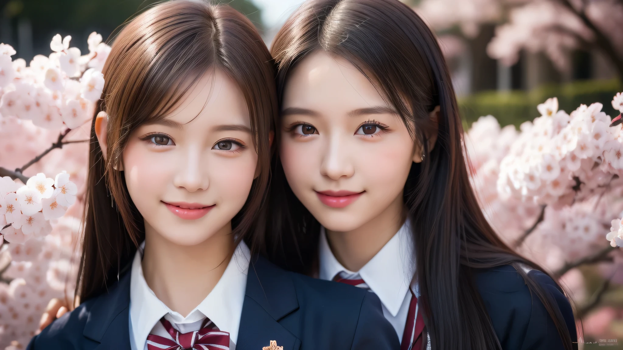 (1little girl:1.2), enchanting smile, (highly detailed eyes, highly detailed face), Fresh, very clean appearance, (hyper-realistic, hight resolution), (best Quality:1.4), Professional Photography, (high school uniform:1.2), cherry blossoms, focus on the face,
