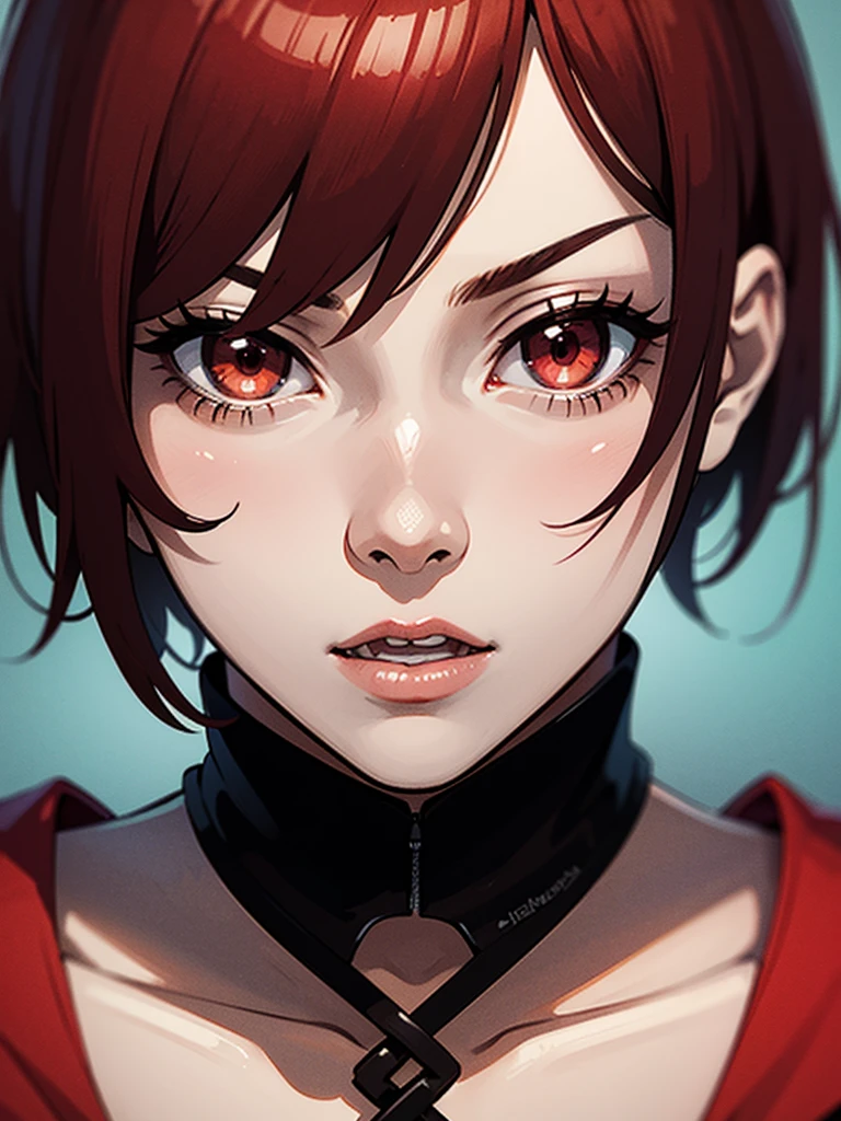 best quality,ultra-detailed,realistic, portraits,vivid colors,sharp focus,professional,anime,red-haired girl,short hair, blood red eyes, vibrant colors, dynamic pose, intense expression, digital rendering, contrasting tones, dramatic lighting