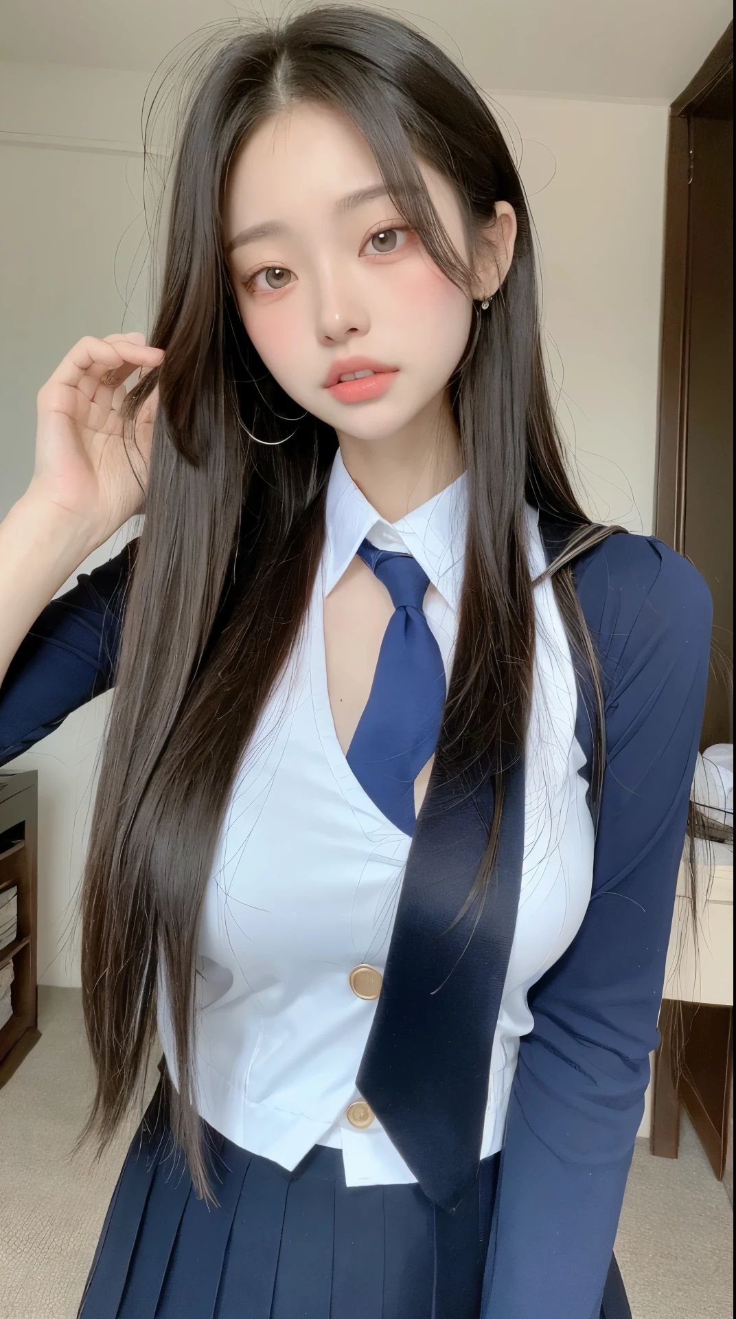 perfect figure beautiful woman：1.4，Layered Hair Style，Protruding cleavage：1.2，Japanese high school girls' uniform：1.5，Highly Detailed Face and Skin Textur，double eyelid，Whiten the skin，long whitr hair