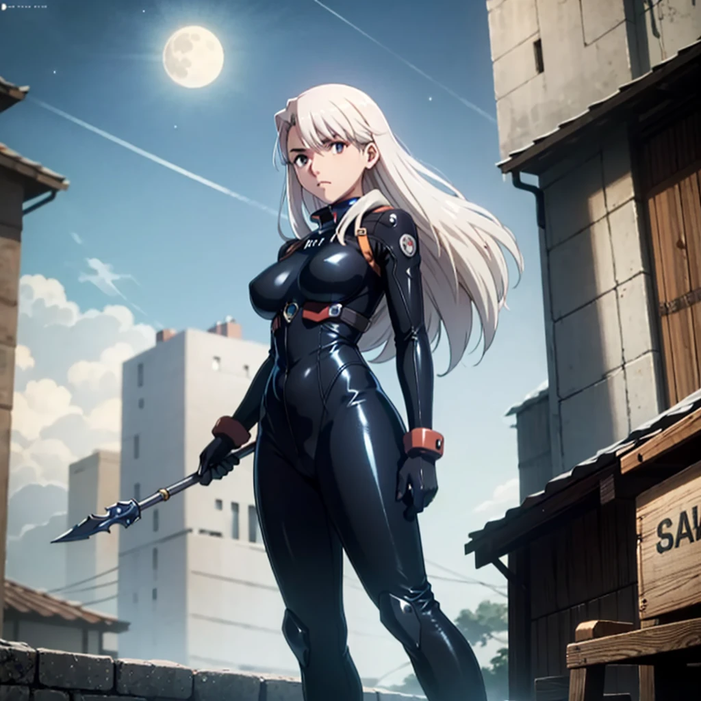  illyasviel_von_einzbern in the style of evangelion, shiny_skin, (clothe inspired by evangelion, aliens, gunbuster, gunnm, metal gear, death stranding), impossible_clothes, bodysuit, white_bodysuit, suit, pilot suit, jumpsuit, plugsuit, armor, shiny_clothes, jacket, cybernetics suit, gloves, gainax anime style, studio gainax art, studio gainax illustration, inspired by Masamune Shirow, studio gainax, big breasts, two_side_up, full body, can't be this cute, girl on top, long_hair, white_hair, silver_hair, floating_hair, hair_between_eyes, asymmetrical hair, red_eyes, looking_at_viewer, outdoors, holding, holding_weapon, Spear of Longinus, cowboy_shot, background, glowing, moon, red, red moon, full_moon, moonlight, star_(sky), night, city, building, cityscape, manga, science_fiction, ((mature female, mature, milf)), 