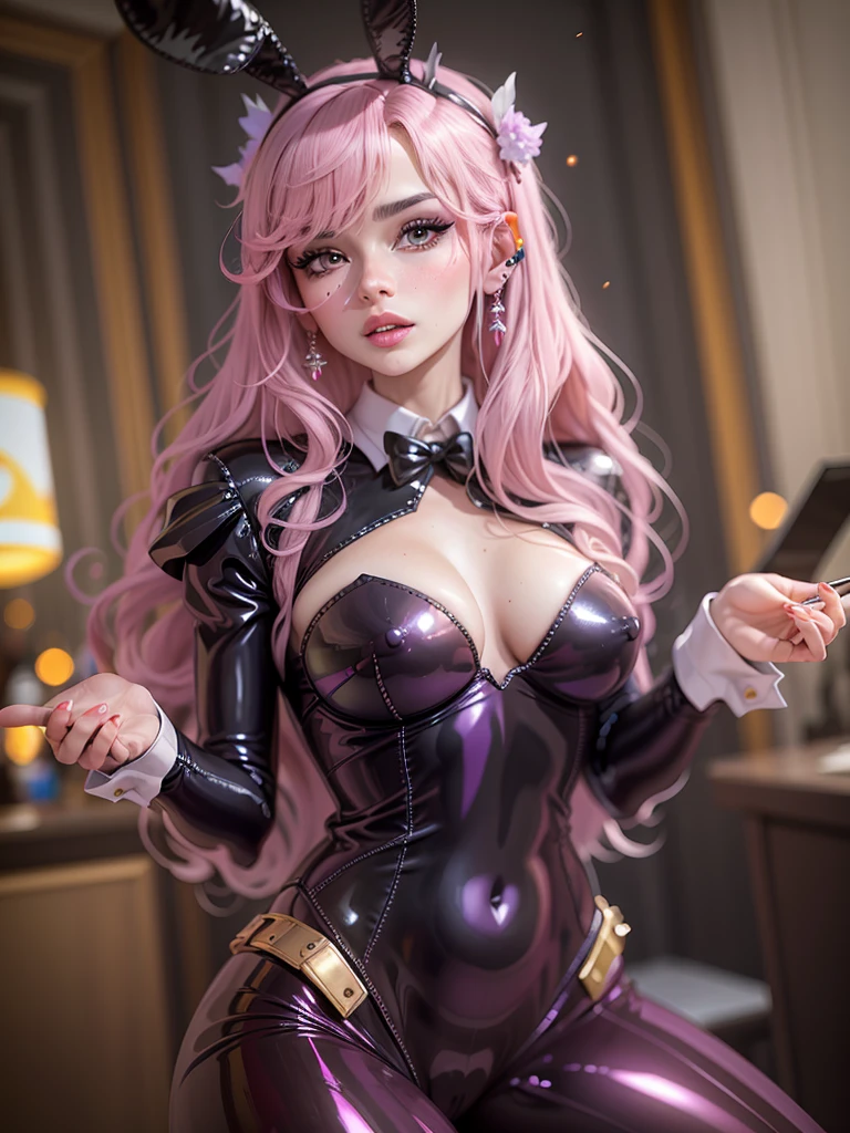 film cinématographique toujours belle femme, Balenciaga Mode, (playmate seductive playboy bunny),justaucorps en satin rose, menottes, noeud papillon, fausses oreilles d'animaux, oreilles de lapin, tenant un plateau de service, club, salon, Smoky atmosphere, collants, talons hauts,((dimly lit, diffused lighting), eye-liner, eye shadow, se maquiller, black lips . faible profondeur de champ, Vignette, Very detailed, high budget, Bokeh, Cinemascope, lunatique, epic, Magnifique, grain de film, granuleux