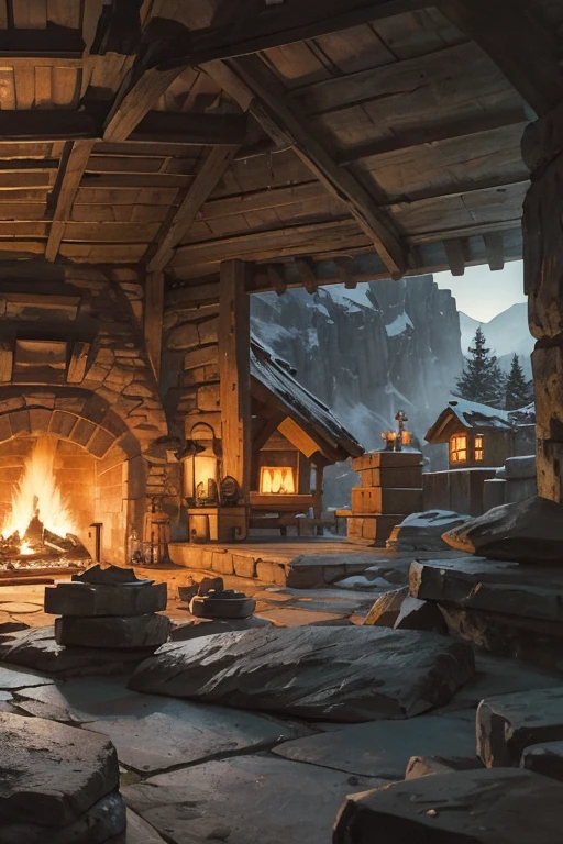 inside of a slavic smithy up on the mountain, thatched roof, smithy on a rocky cliff, professional blacksmithing equipment, anvil, blacksmithing hammers, tongs, smoldering coals in the forge