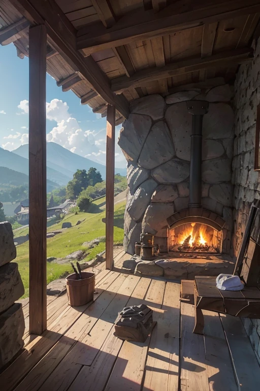 inside of a slavic smithy up on the mountain, thatched roof, smithy on a rocky cliff, professional blacksmithing equipment, anvil, blacksmithing hammers, tongs, smoldering coals in the forge