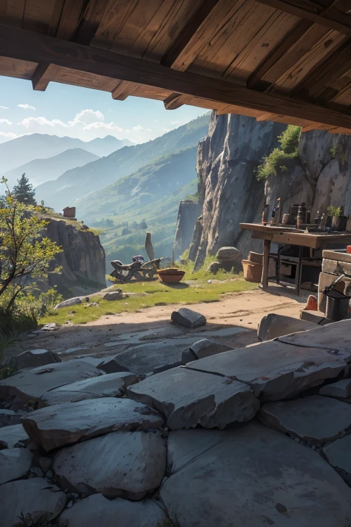 inside of a slavic smithy up on the mountain, thatched roof, smithy on a rocky cliff, professional blacksmithing equipment, anvil, blacksmithing hammers, tongs, smoldering coals in the forge