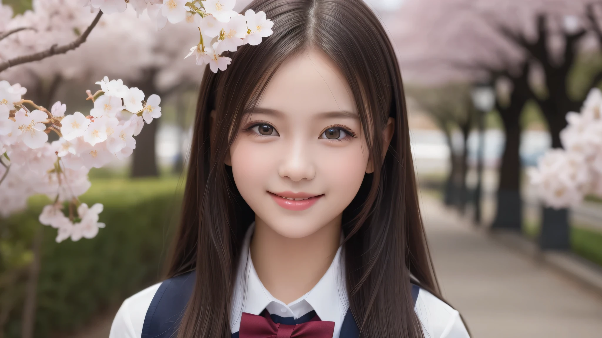 (1little girl:1.3), enchanting smile, (highly detailed eyes, highly detailed face), Fresh, very clean appearance, (hyper-realistic, hight resolution), (best Quality:1.4), Professional Photography, (high school uniform:1.2), cherry blossoms, focus on the face,
