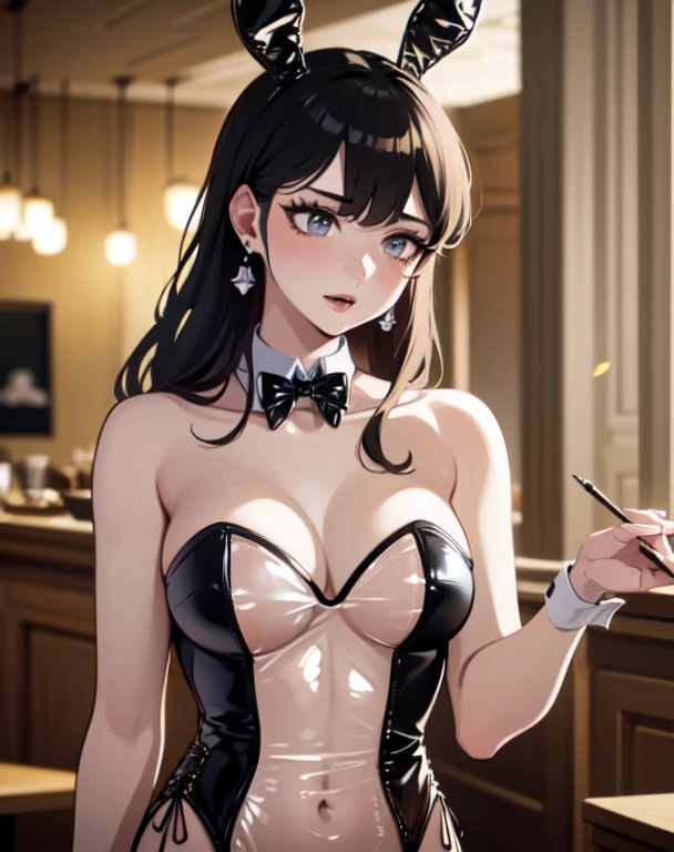 film cinématographique toujours belle femme, Balenciaga Mode, (playmate seductive playboy bunny),justaucorps en satin rose, menottes, noeud papillon, fausses oreilles d'animaux, oreilles de lapin, tenant un plateau de service, club, salon, Smoky atmosphere, collants, talons hauts,((dimly lit, diffused lighting), eye-liner, eye shadow, se maquiller, black lips . faible profondeur de champ, Vignette, Very detailed, high budget, Bokeh, Cinemascope, lunatique, epic, Magnifique, grain de film, granuleux