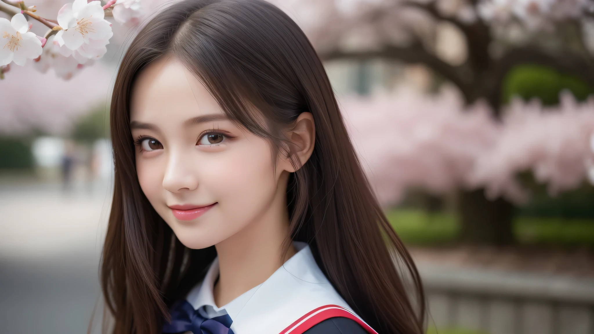 (1little girl:1.3), enchanting smile, (highly detailed eyes, highly detailed face), Fresh, very clean appearance, (hyper-realistic, hight resolution), (best Quality:1.4), Professional Photography, (high school uniform:1.2), cherry blossoms, focus on the face,