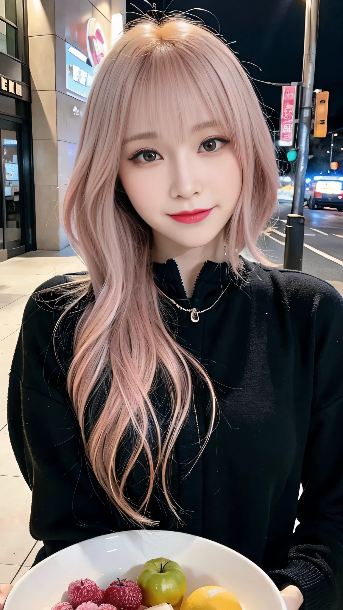 close up shot、look at the camera、cute⦅smile 1.6⦆(high quality, High resolution, Super detailed, realistic:1.37),With bangs、⦅bright pink hair⦆、20-year-old、(bob cut hair)、1 girl、、korean woman、beautiful girl、well-groomed face、cute、Winter clothes、city