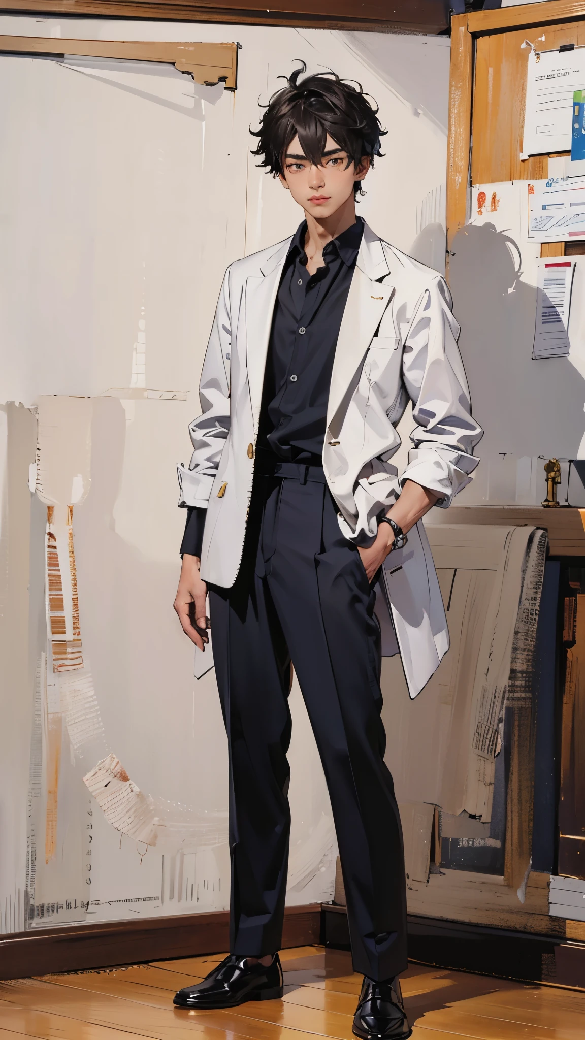 ((best quality,4k,highres,masterpiece:1.2)),((character concept art)), 1 male, 18-year-old Asian guy, Med school student, nerdy, shy, smart, ((messy hair)), average height, average look, very muscular, classic bodybuilder body, wearing striped blazer, button-down shirt, chinos, loafers, (standing casually), (full body showcase), (show full body), (no logos on background), (no logo), ((plain background)), ((plain background)), (((empty background)))