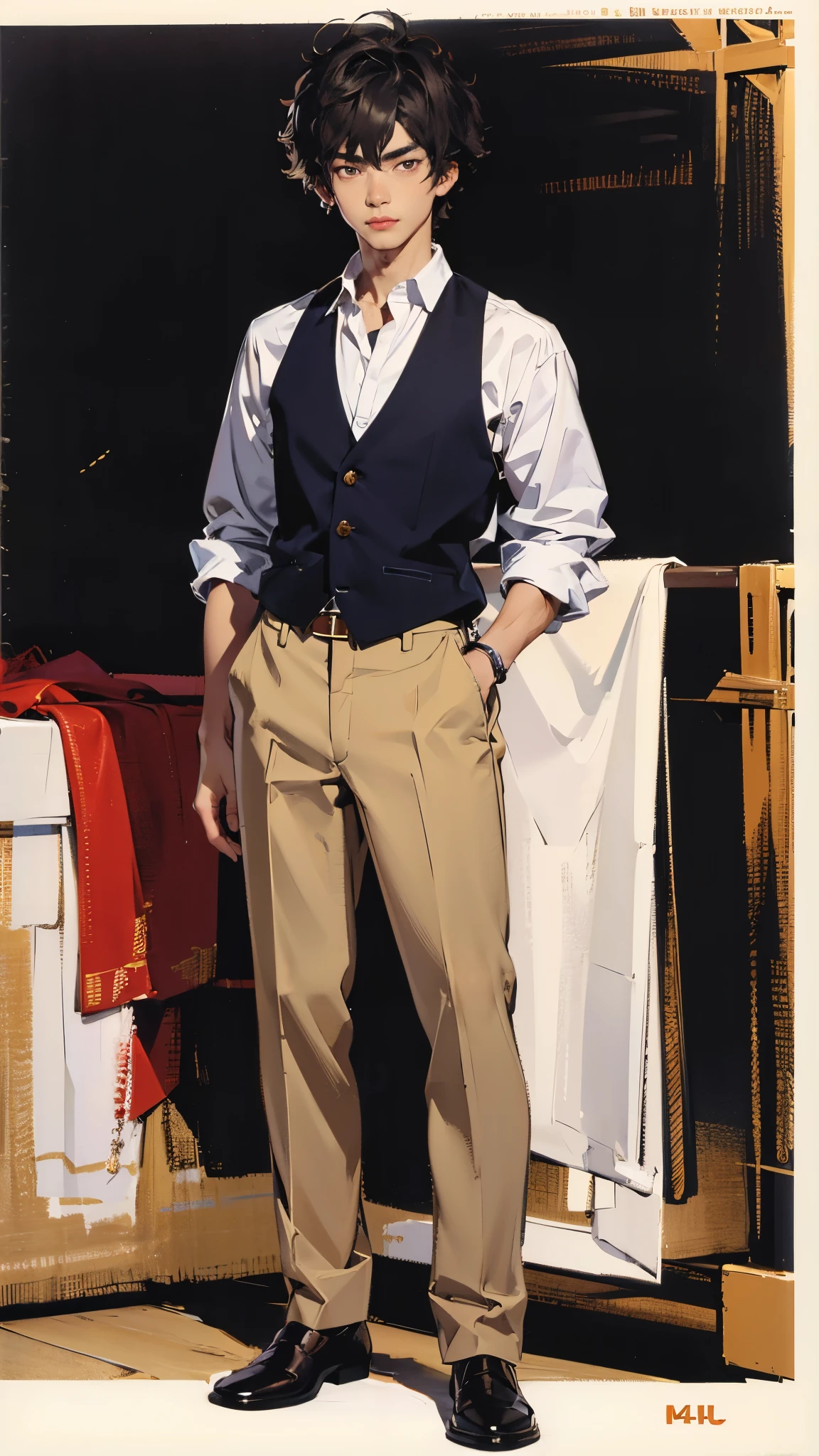((best quality,4k,highres,masterpiece:1.2)),((character concept art)), 1 male, 18-year-old Asian guy, Med school student, nerdy, shy, smart, ((messy hair)), average height, average look, very muscular body, classic bodybuilder body, wearing striped blazer, button-down shirt, chinos, loafers, (standing casually), (full body showcase), (show full body), (no logos on background), (no logo), ((plain background)), ((plain background)), (((empty background)))