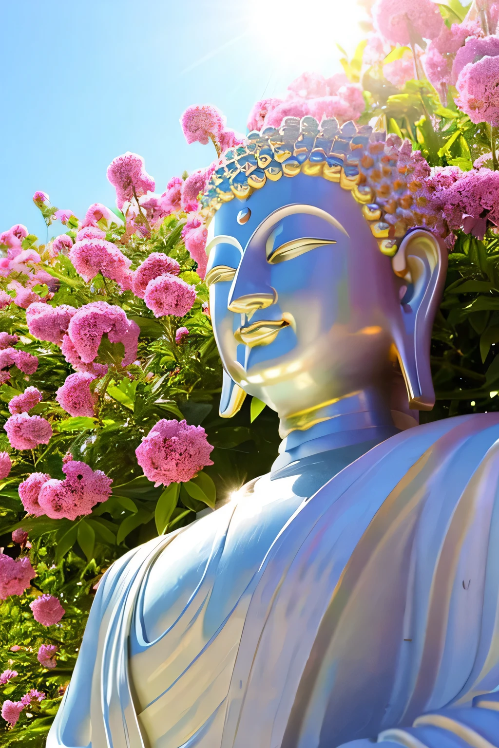 bright background buddha statue Buddha solo front looking here halo is shining upper body only close up of face join hands like a photo The background is full of flowers fantastic background