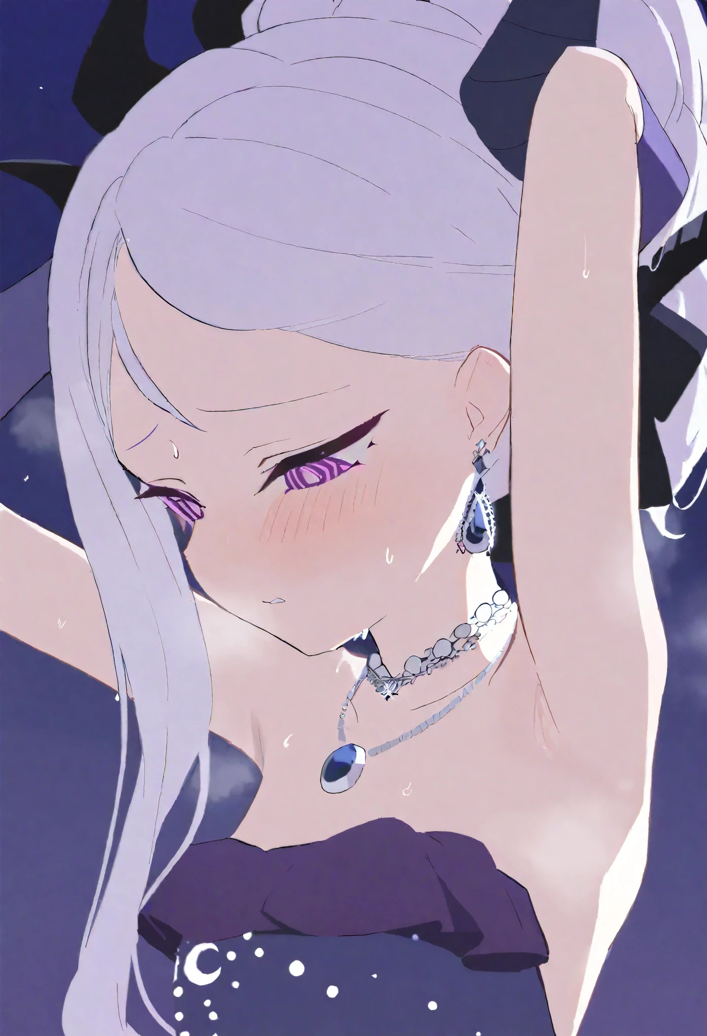 hina,1girl,solo,ponytail,elbow gloves,purple dress,black gloves,black dress,strapless dress,earrings,necklace,alternate costume,shoulder,upper body, sweating,steam,blush, flipped hair,armpit