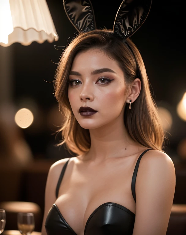 film cinématographique toujours belle femme, Balenciaga Mode, (playmate seductive playboy bunny),justaucorps en satin rose, menottes, noeud papillon, fausses oreilles d'animaux, oreilles de lapin, tenant un plateau de service, club, salon, Smoky atmosphere, collants, talons hauts,((dimly lit, diffused lighting), eye-liner, eye shadow, se maquiller, black lips . faible profondeur de champ, Vignette, Very detailed, high budget, Bokeh, Cinemascope, lunatique, epic, Magnifique, grain de film, granuleux