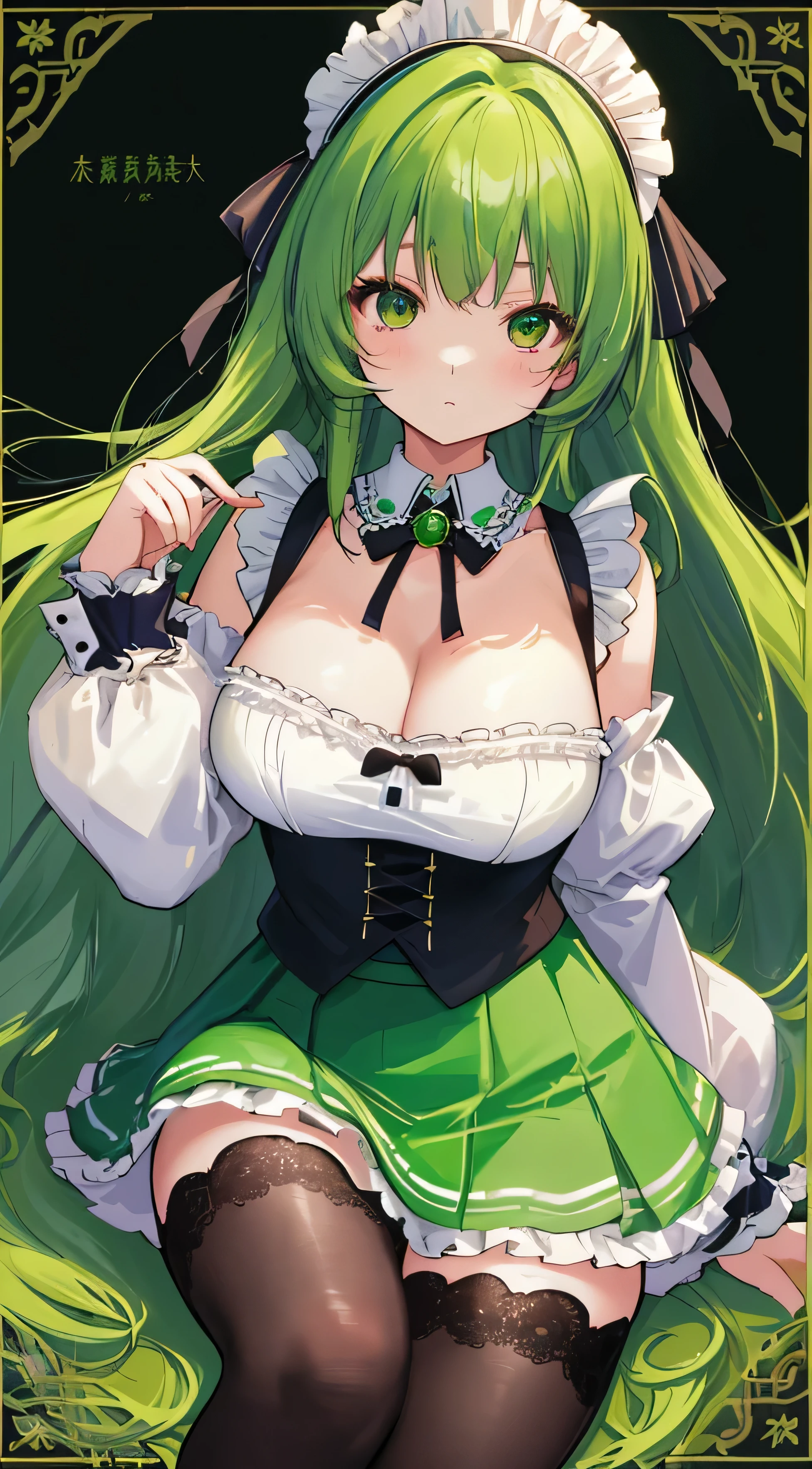 high color saturation、masterpiece、highest quality、High resolution、very delicate and beautiful、beautiful breasts、woman１people、((woman１people、solid color background、hair length、green hair、thick legal clothing、mini skirt、maid Cafe))、Huge 、off shoulder、cleavage、bbw、knee socks