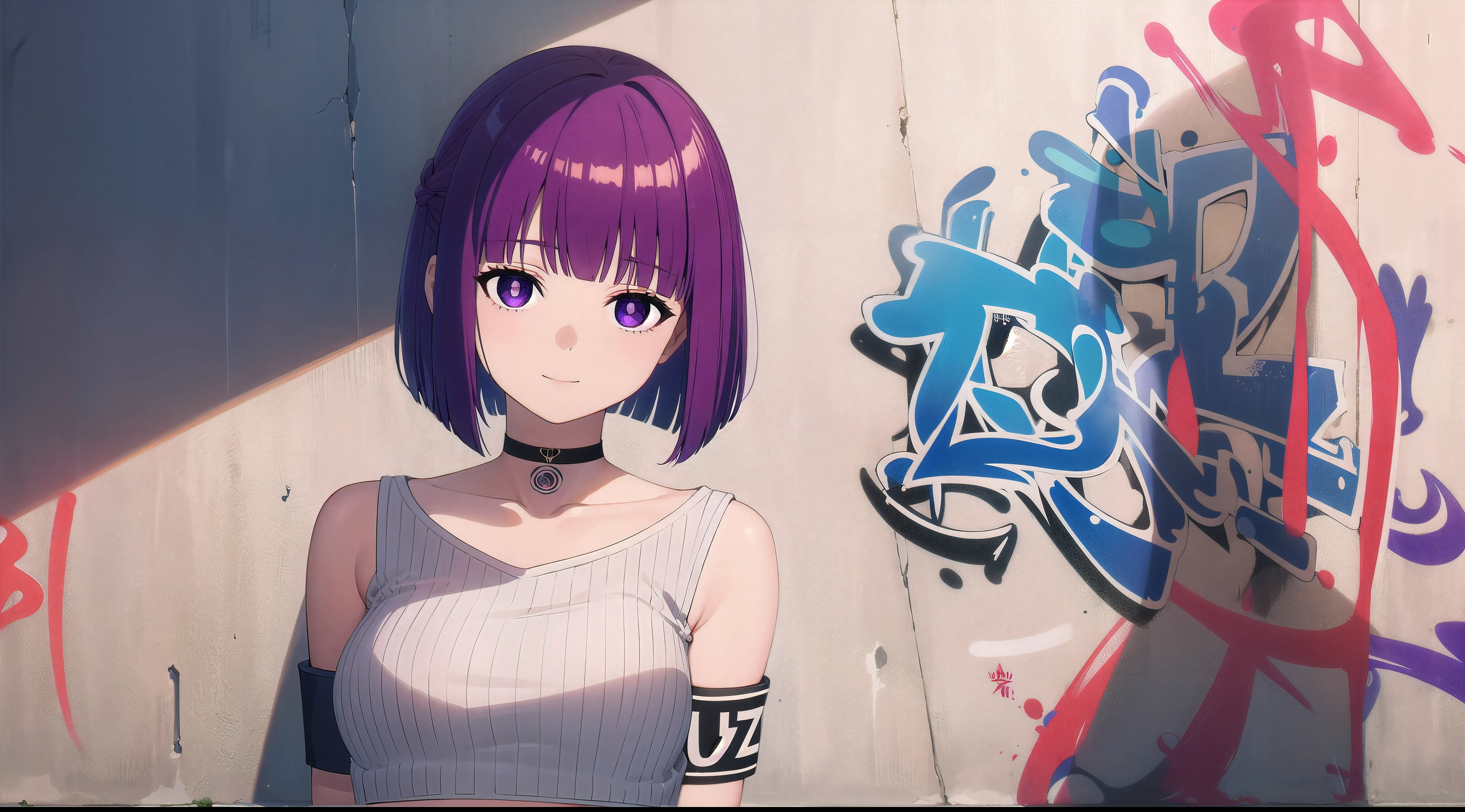 masterpiece, best quality, 1girl, solo, stylish crop top, purple eyes, short hair, bangs, purple hair, smile, vibrant short, (sliced_bob), bobhair, short-hair, short bob hair, (((bobcut))), bob haircut, very short bob cut, lip length hair, blunt ends, buzzed nape ((haircut:1.3)), undercut, bobbed hair, minibob, side cut, shaved, graduation bob, straight short hair, short hair above the ears, Shot diagonally from the side, elegant braid, soft bangs, upper body, alluring choker, (graffiti:1.5), artistic paint splatter, seductive arms behind back, leaning against wall, exposed back, fashionable armband, urban hiphop style, flirty skirt, playful head tilt, intense expression, warm orange, dynamic asymmetrical design, bold geometric shapes, creative street art