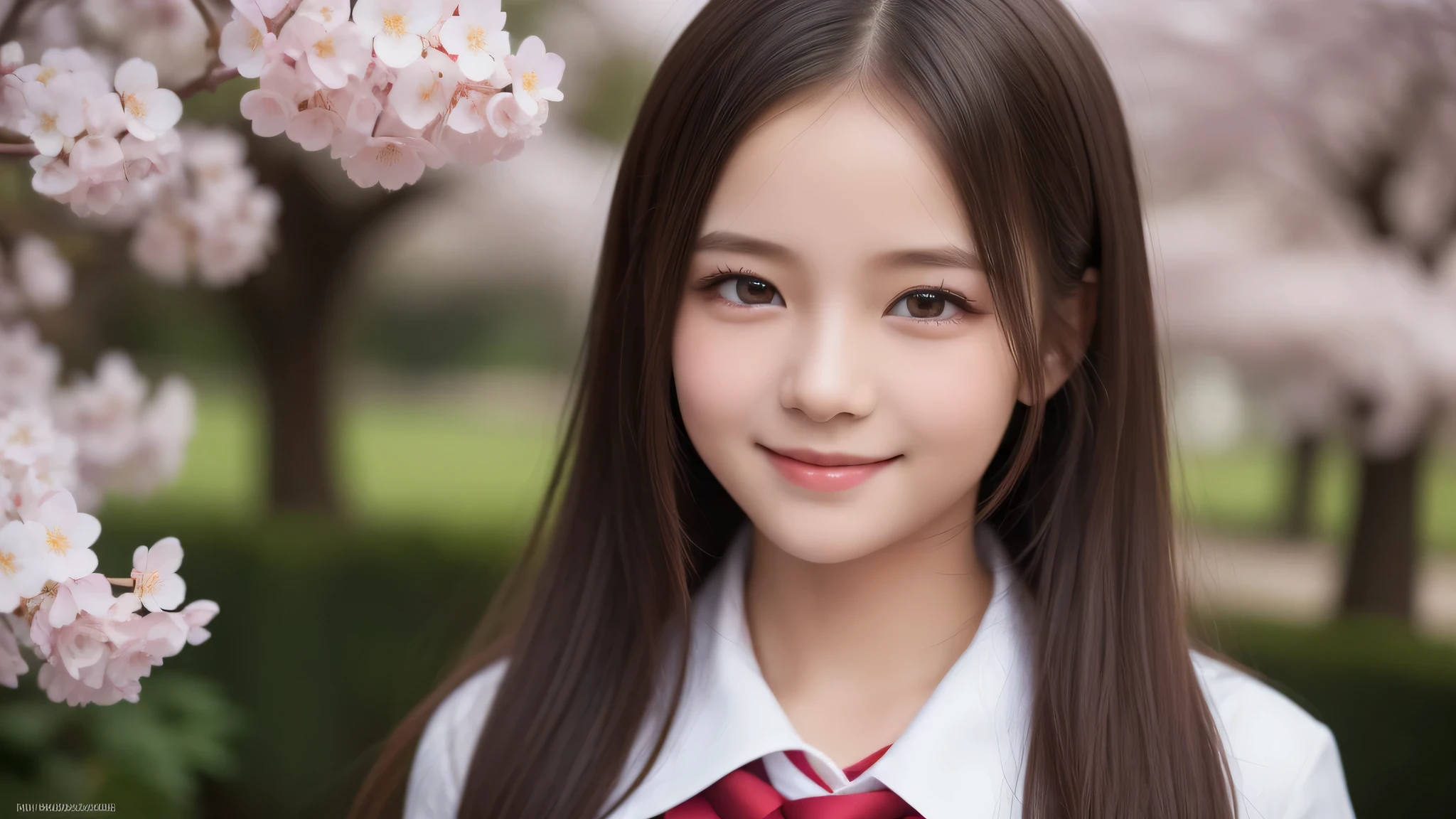 (1little girl:1.5), enchanting smile, (highly detailed eyes, highly detailed face), Fresh, very clean appearance, (hyper-realistic, hight resolution), (best Quality:1.4), Professional Photography, (high school uniform:1.2), cherry blossoms, focus on the face,