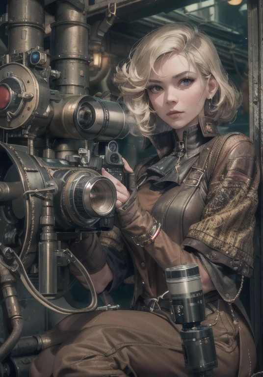 blonde woman, dressed as dieselpunk, モデルphotographスタイル, (Highly detailed CG 8k wallpaper unit), The most beautiful art pictures in the world, majestic professional (photograph：Steve McCurry), 8k uh, Digital single-lens reflex camera, soft lighting, high quality, film grain, Fujifilm XT3 sharp focus, f5.6, high detail, sharp focus, dramatic, (wearing dieselpunk clothes), (looking at the viewer:1.2),  (Natural light), (fascinating)