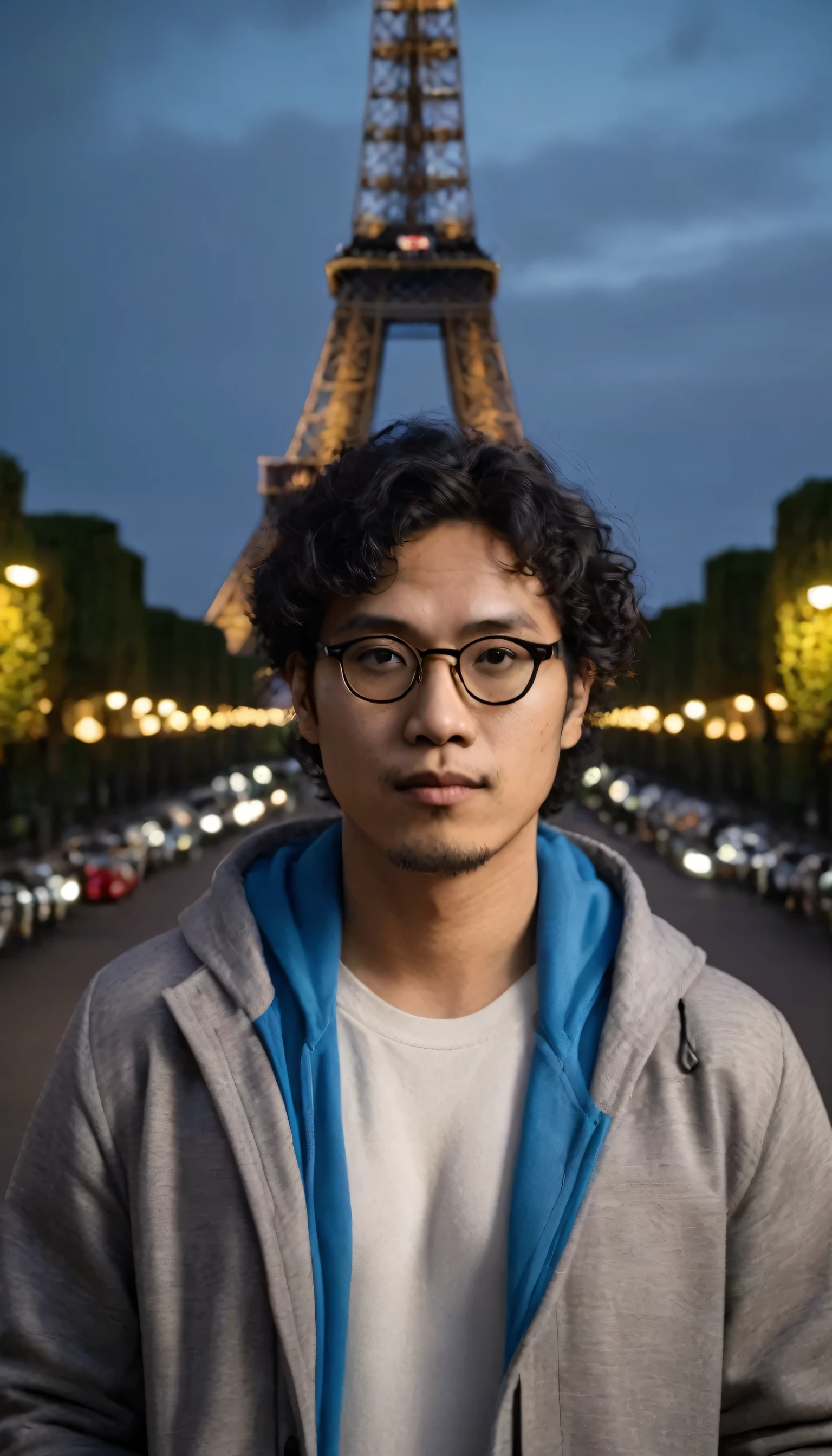 “The image depicts a 30-year-old Indonesian man with curly hair, wearing formal glasses and a casual gray hoodie. He stands facing away the camera, calmly glancing at the camera. With a serene expression, he slips both hands into the pockets of his pants, so close below the Eiffel Tower. The background features the Eiffel Tower at dark night, enveloped in a gentle haze of thin smoke and soft blue light. For high-quality results, use the portrait mode of a Hasselblad camera.”