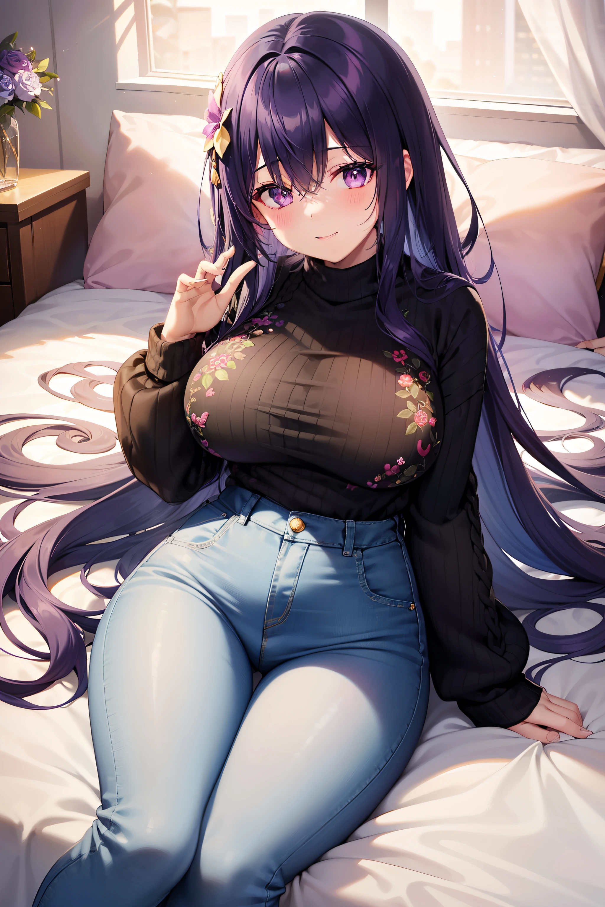 cozy、magical、((black oversized knit sweater))、((floral embroidered jeans))、barefoot、bright expression、romantic twist、Young shiny white shiny skin、Best Looks、wavy purple hair with dazzling highlights、(large flowers in hair)、Super long silky wavy hair、Beautiful bangs that shine、Glowing crystal clear attractive big purple eyes、star-shaped pupils、flower ornament in hair、Very beautiful nice girl、Lush bust and large hips、smile、laying in luxurious bed, french