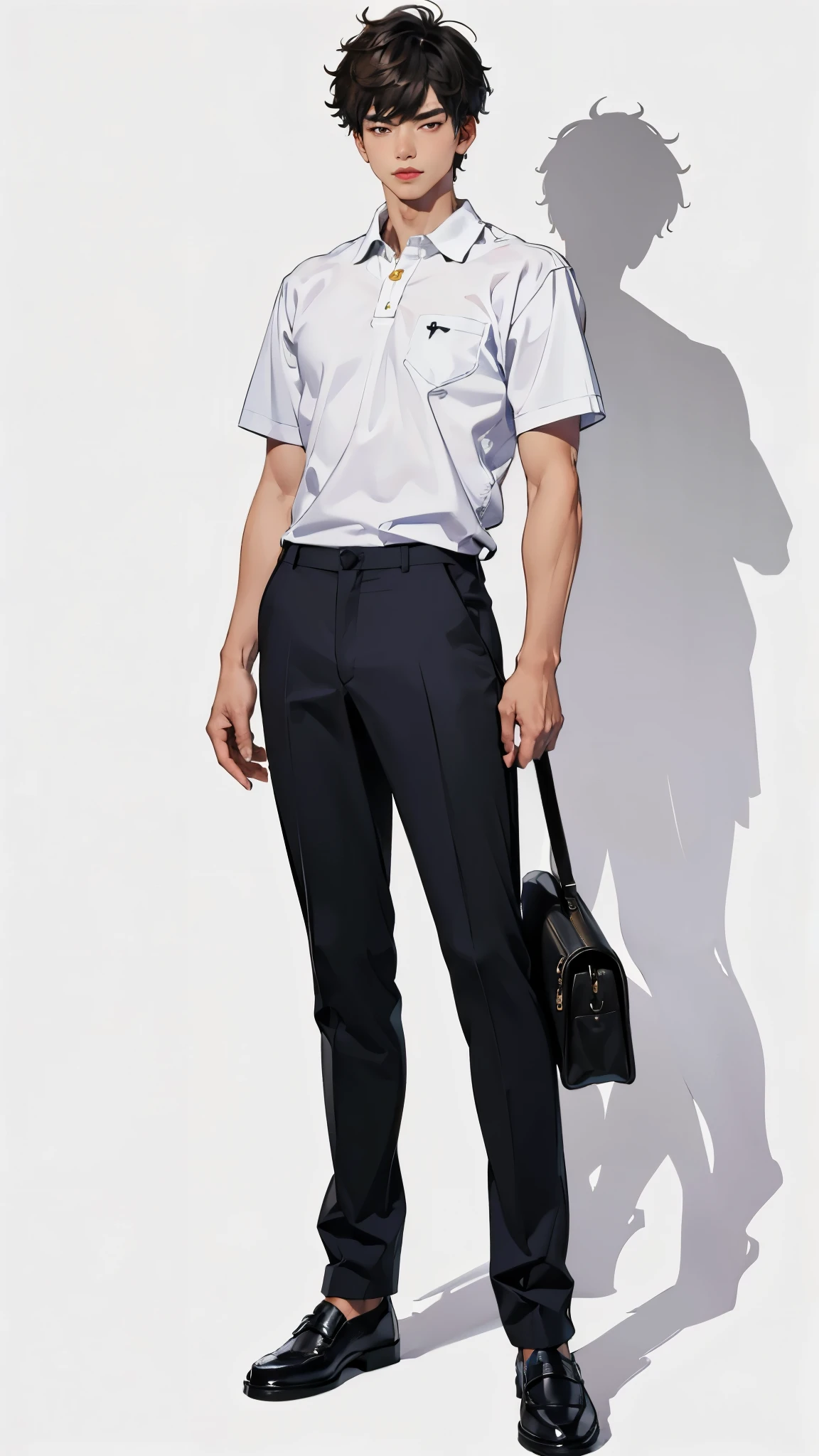 ((best quality,4k,highres,masterpiece:1.2)),((character concept art)), 1 male, 18-year-old Asian guy, Med school student, nerdy, shy, smart, ((messy hair)), average height, average look, very muscular body, classic bodybuilder body, wearing polo shirt, chinos, loafers, (standing casually), (full body showcase), (show full body), (no logos on background), (no logo), ((plain background)), ((plain background)), (((empty background)))